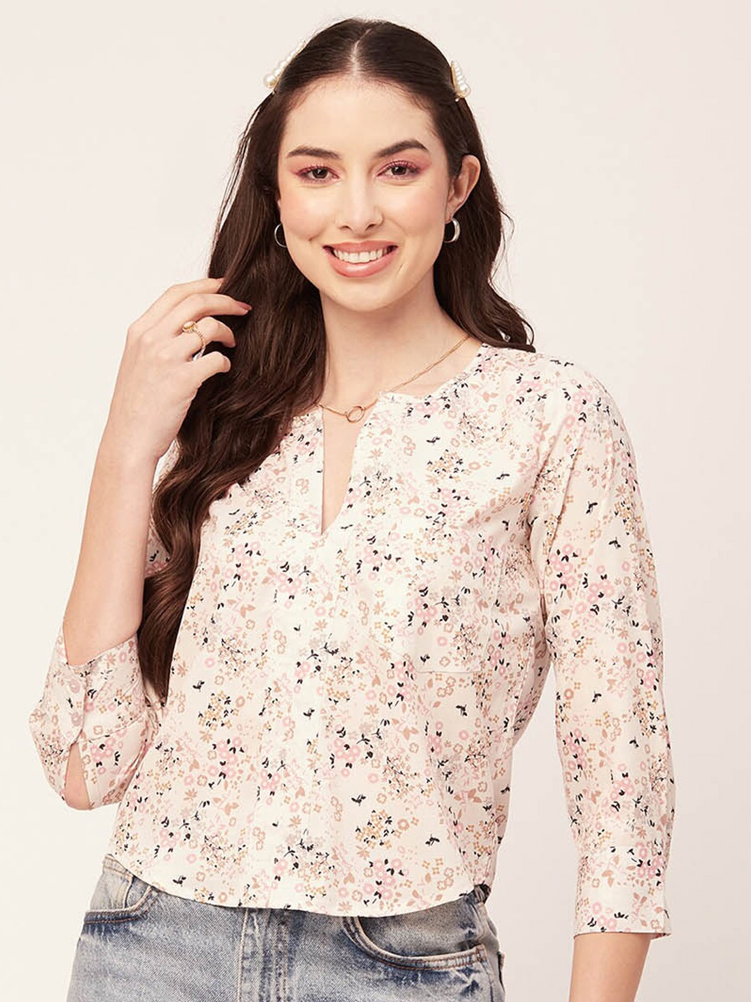 

Moomaya Floral Print Crepe Top, Beige