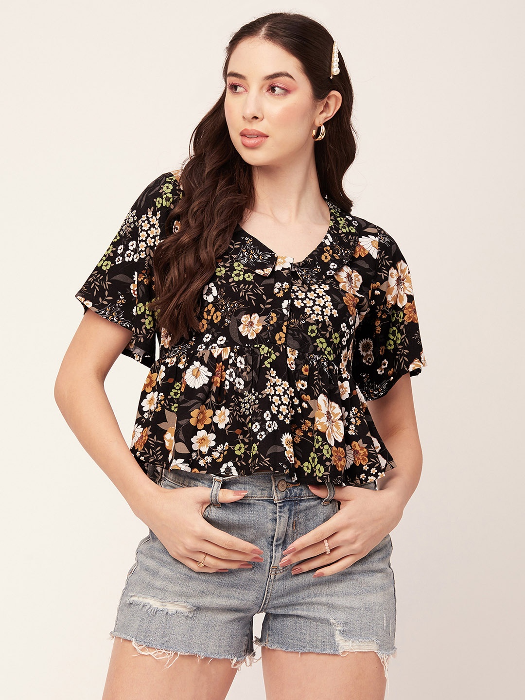 

Moomaya Floral Printed V-Neck Peplum Top, Brown