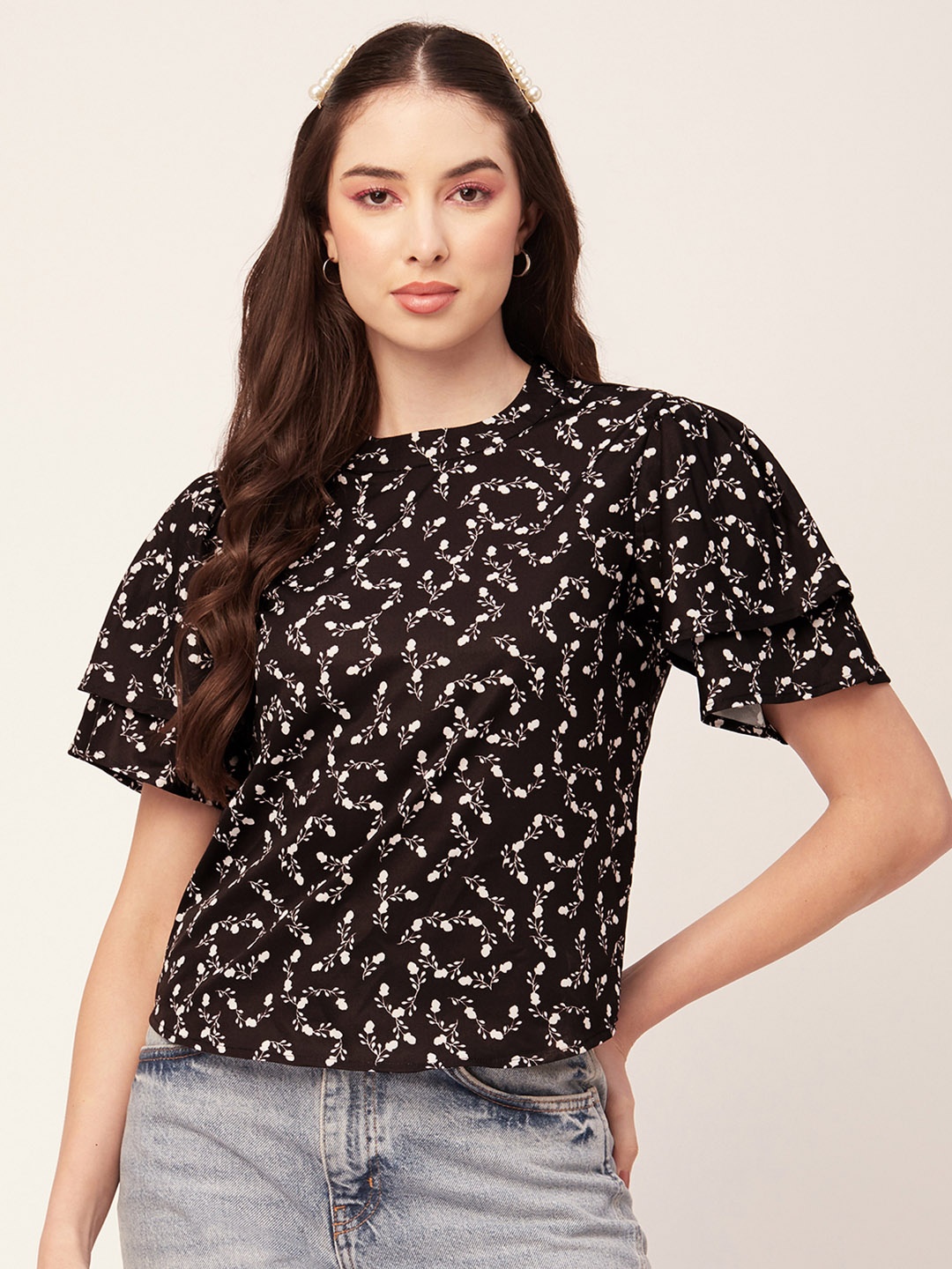 

Moomaya Floral Printed Flutter Sleeves Top, Brown