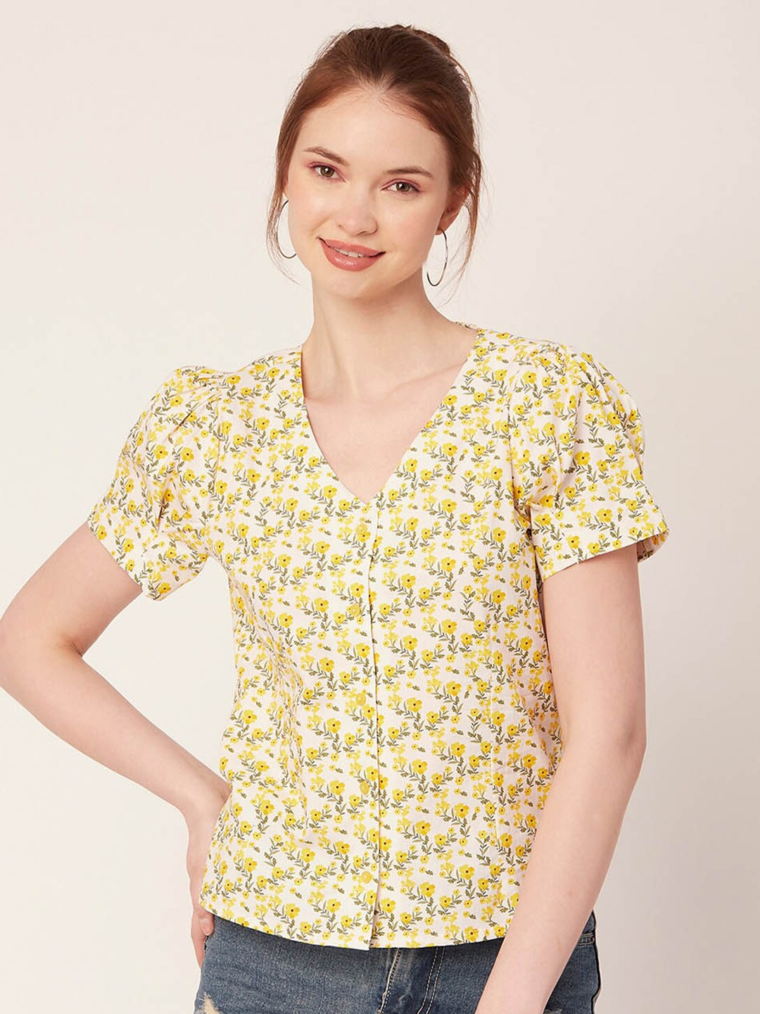 

Moomaya Floral Printed Puff Sleeves Cotton Top, Yellow
