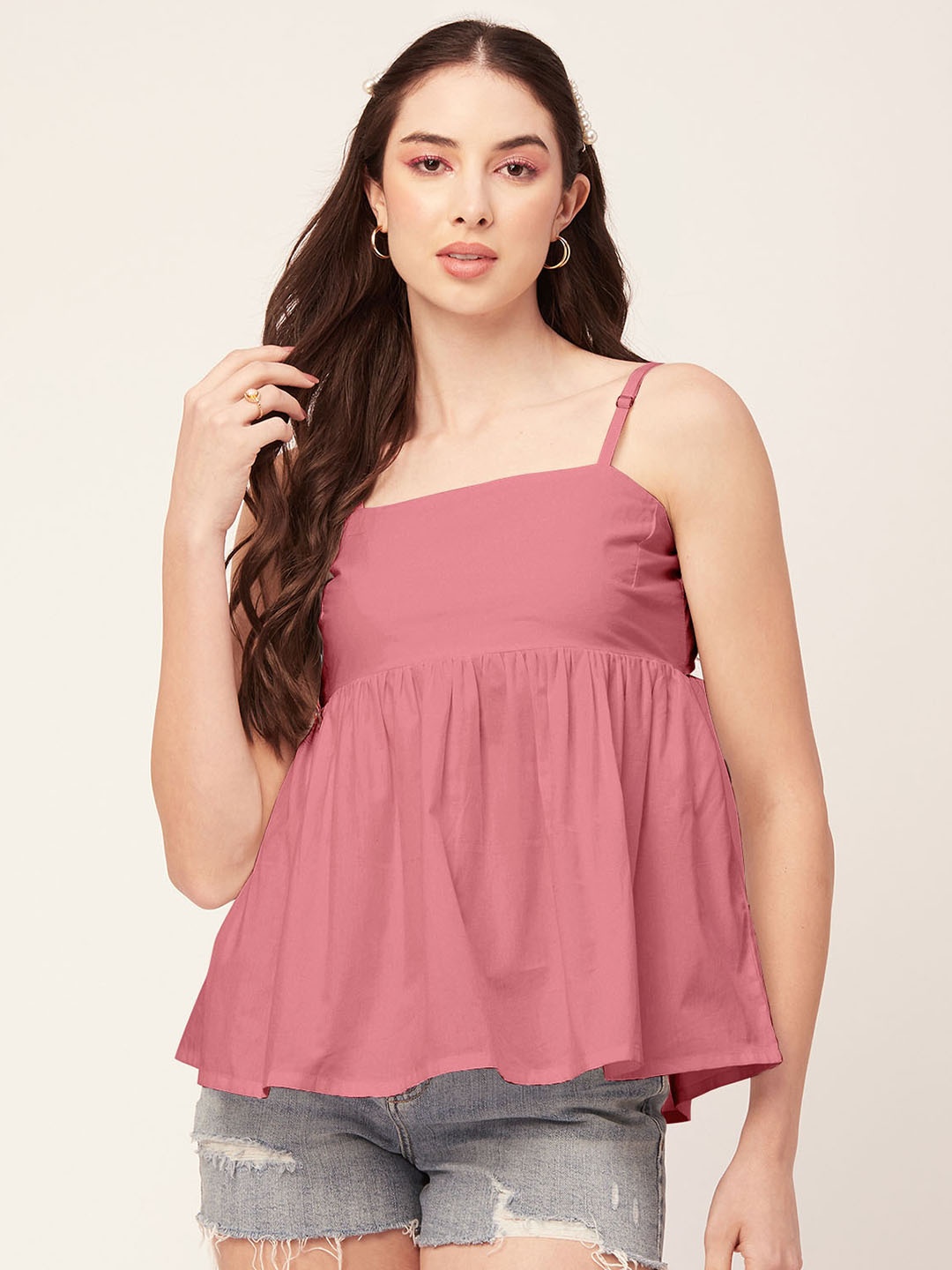 

Moomaya Shoulder Straps Cotton Empire Top, Pink