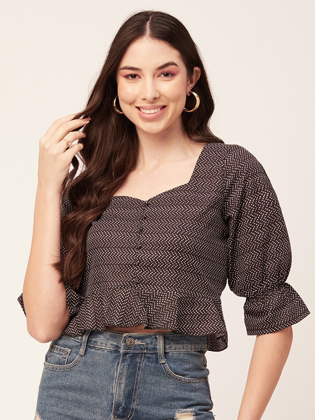 

Moomaya Micro Ditsy Printed Sweetheart Neck Bell Sleeves Crepe Crop Top, Black