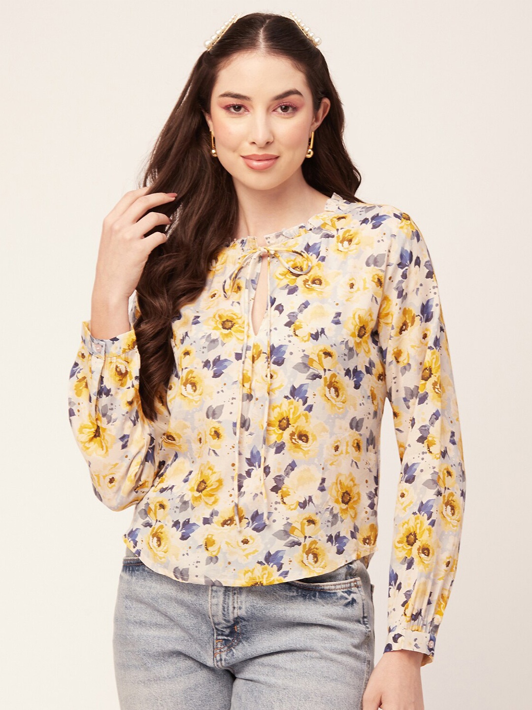 

Moomaya Floral Printed Tie Up Neck Cuffed Sleeves Top, Yellow