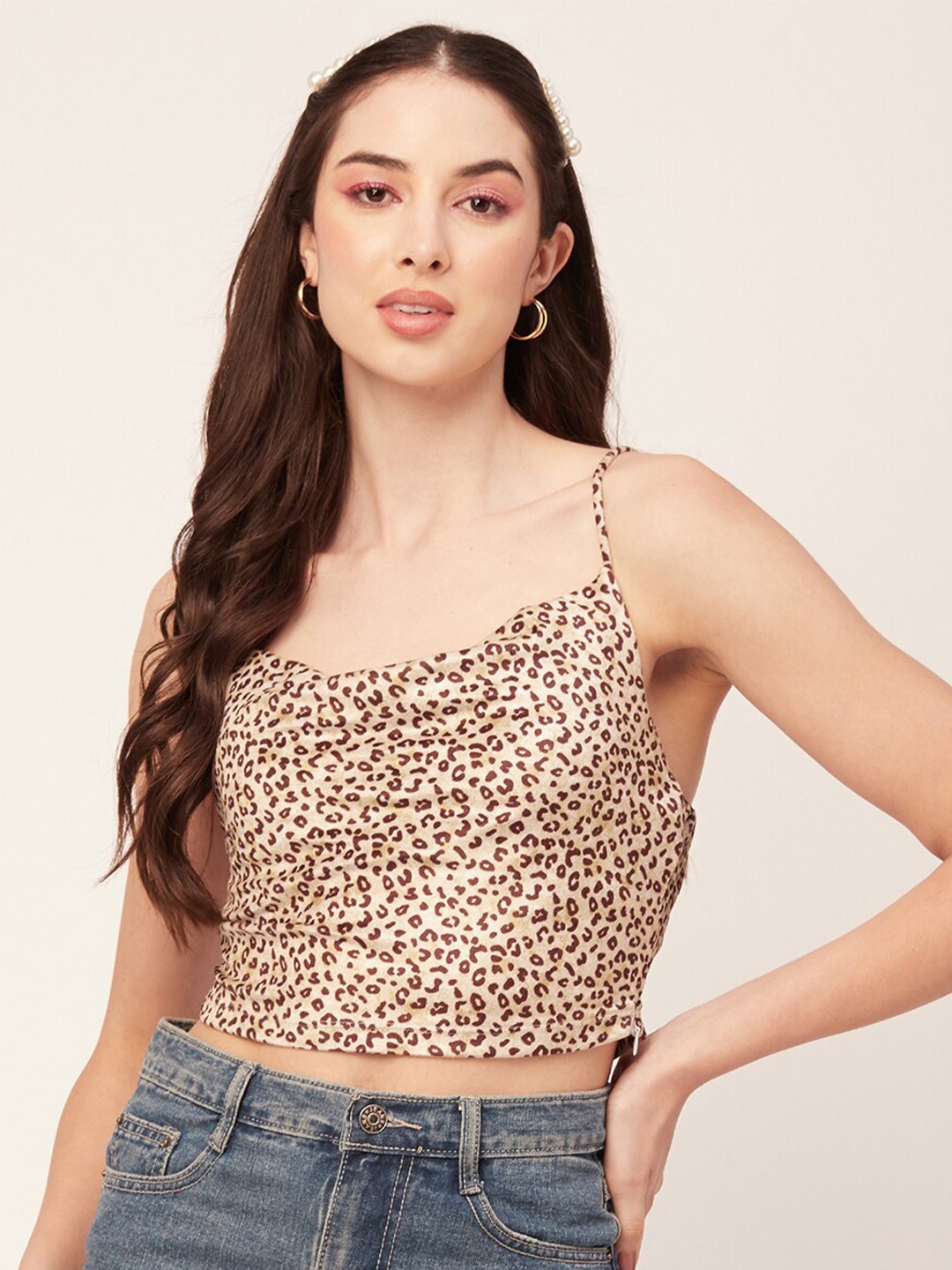 

Moomaya Animal Printed Velvet Crop Top, Brown