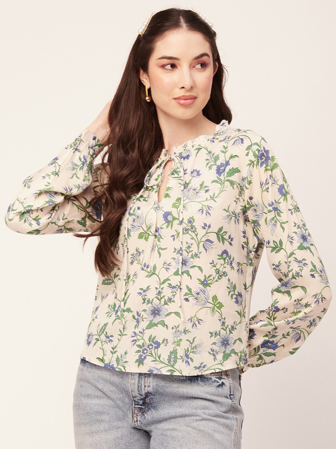 

Moomaya Floral Printed Tie Up Neck Cuffed Sleeves Top, White