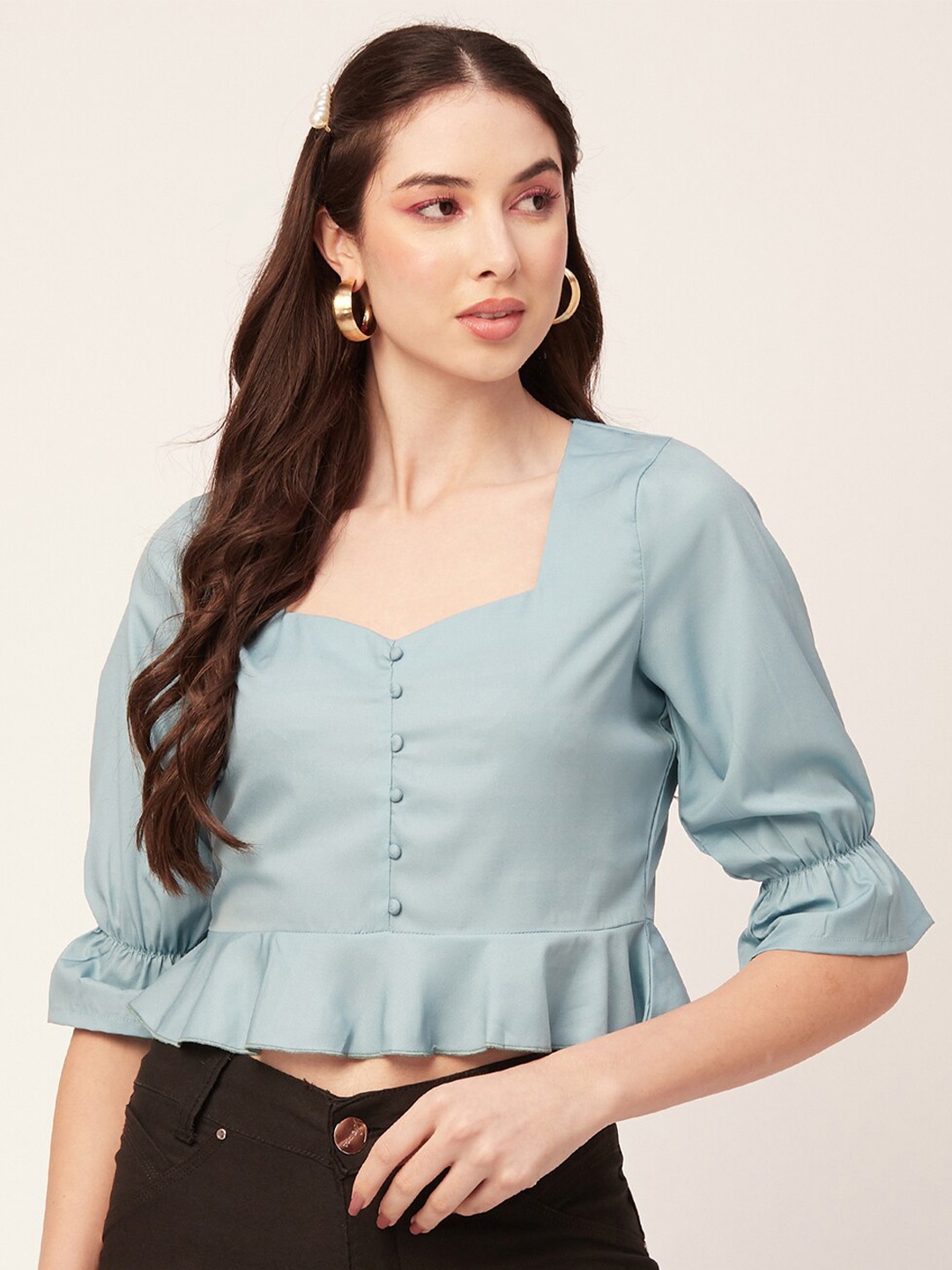 

Moomaya Sweetheart Neck Bell Sleeves Crepe Peplum Crop Top, Blue