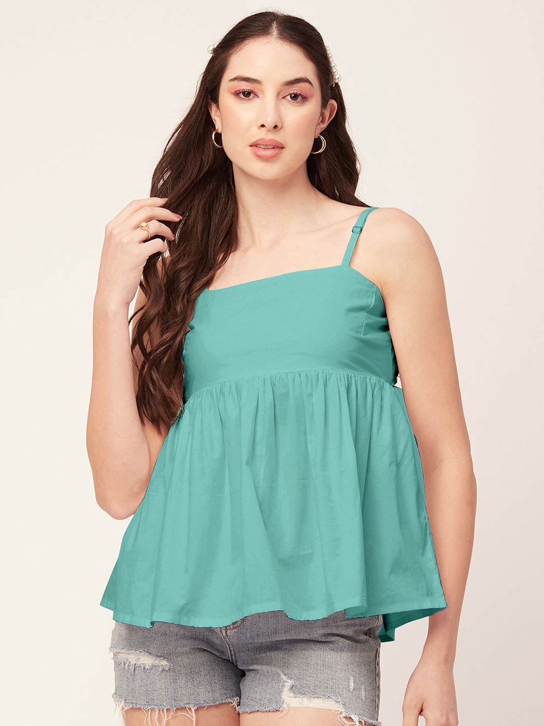 

Moomaya Shoulder Straps Gathered or Pleated Cotton Empire Top, Turquoise blue