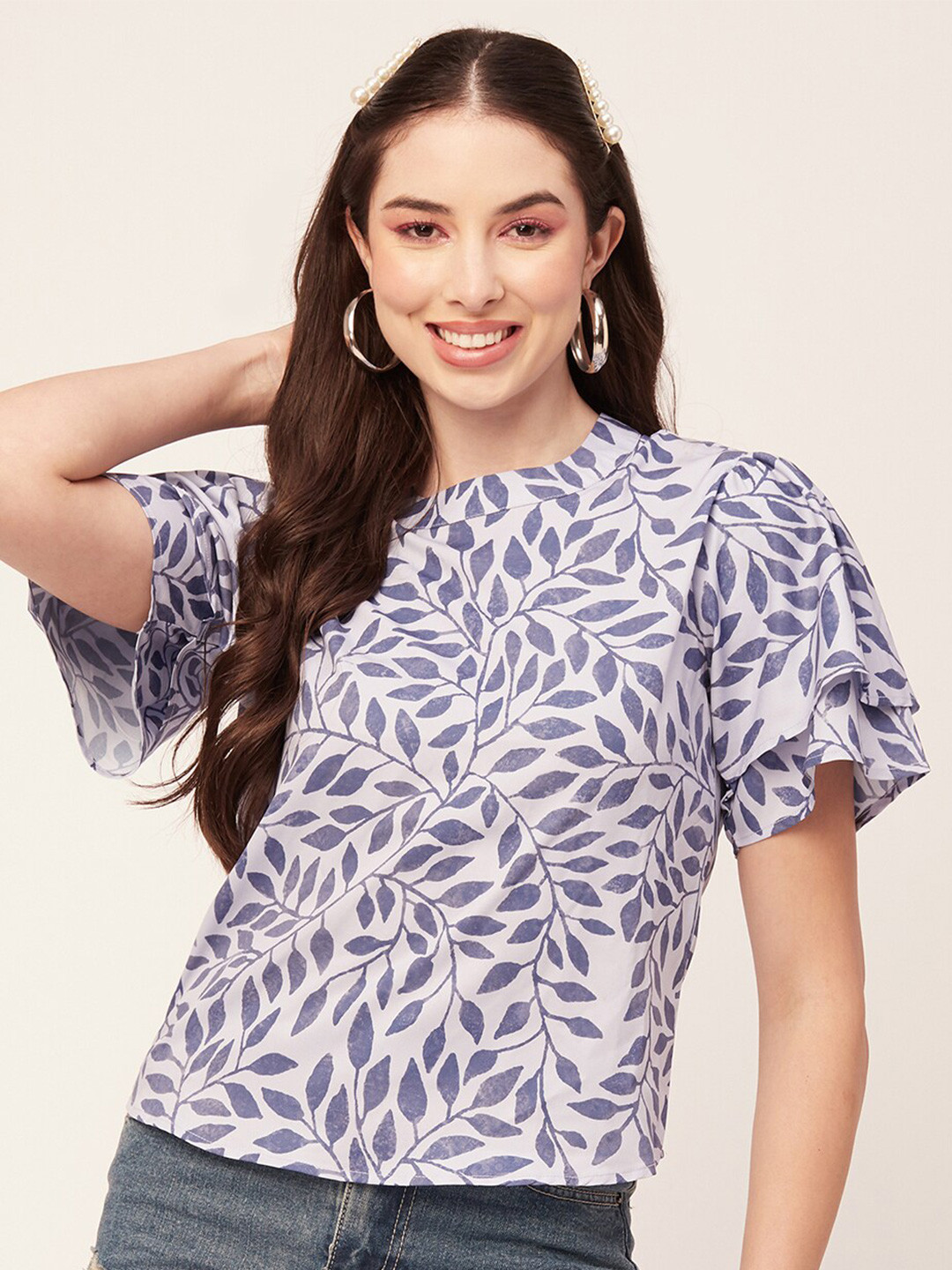 

Moomaya Tropical Printed Flutter Sleeve Top, Grey