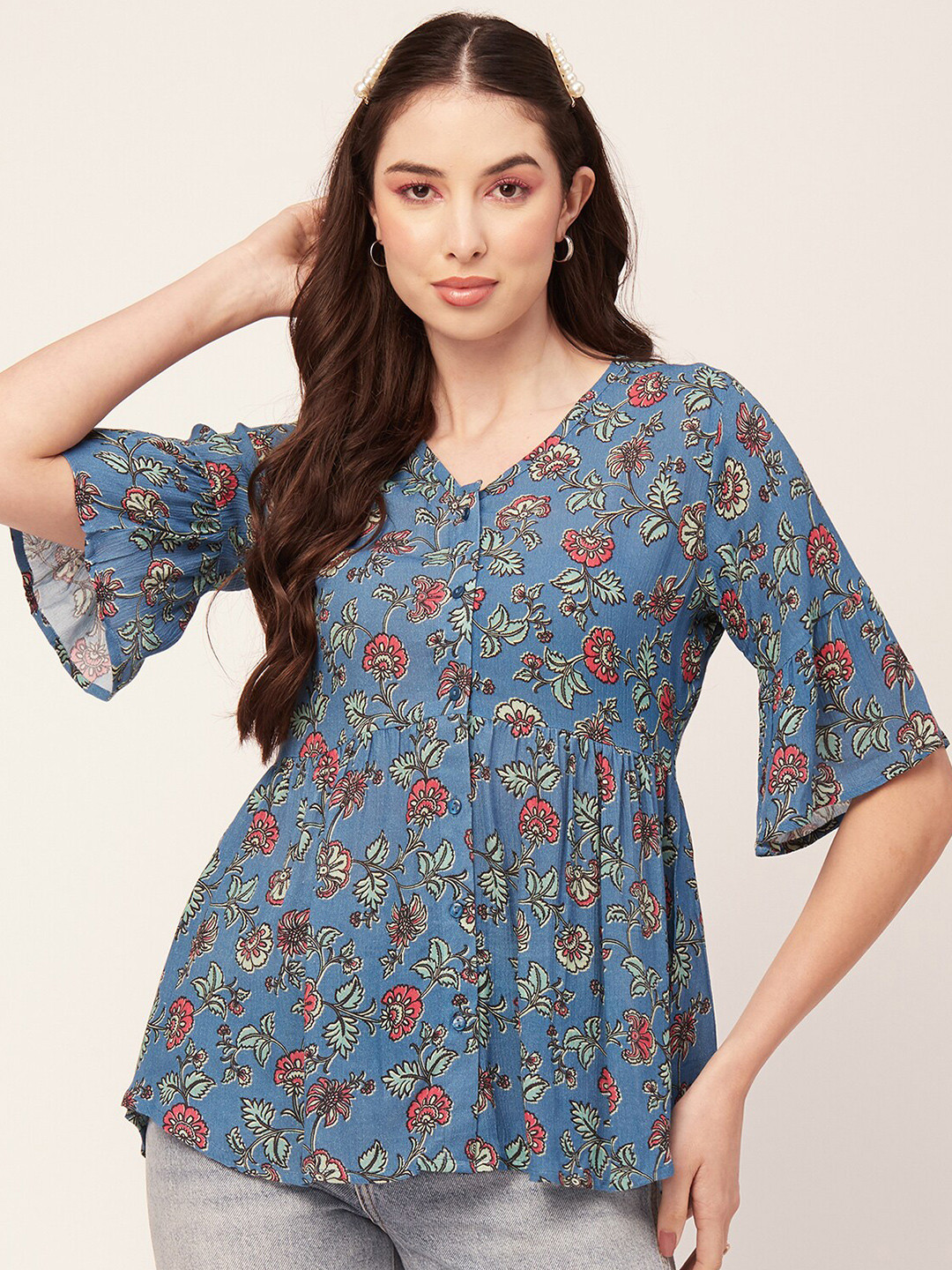 

Moomaya Floral Printed V-Neck Bell Sleeves Empire Top, Blue