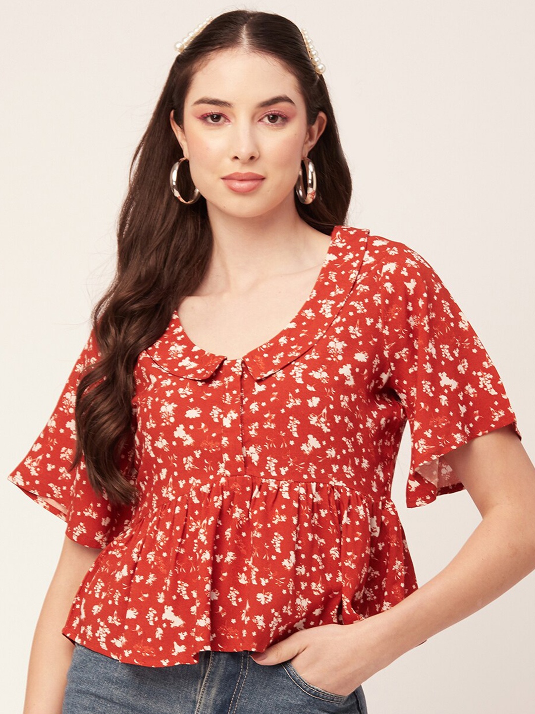 

Moomaya Floral Printed Peter Pan Collar Empire Top, Rust