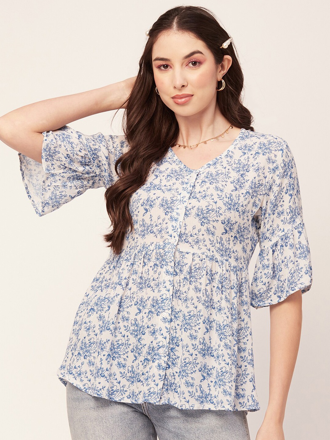 

Moomaya Floral Printed V-Neck Bell Sleeves A-Line Top, White