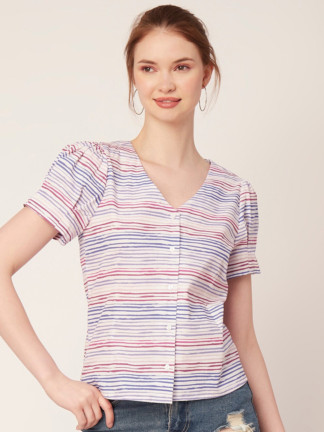 

Moomaya Horizontal Striped V-Neck Puff Sleeves Cotton Shirt Style Top, Blue