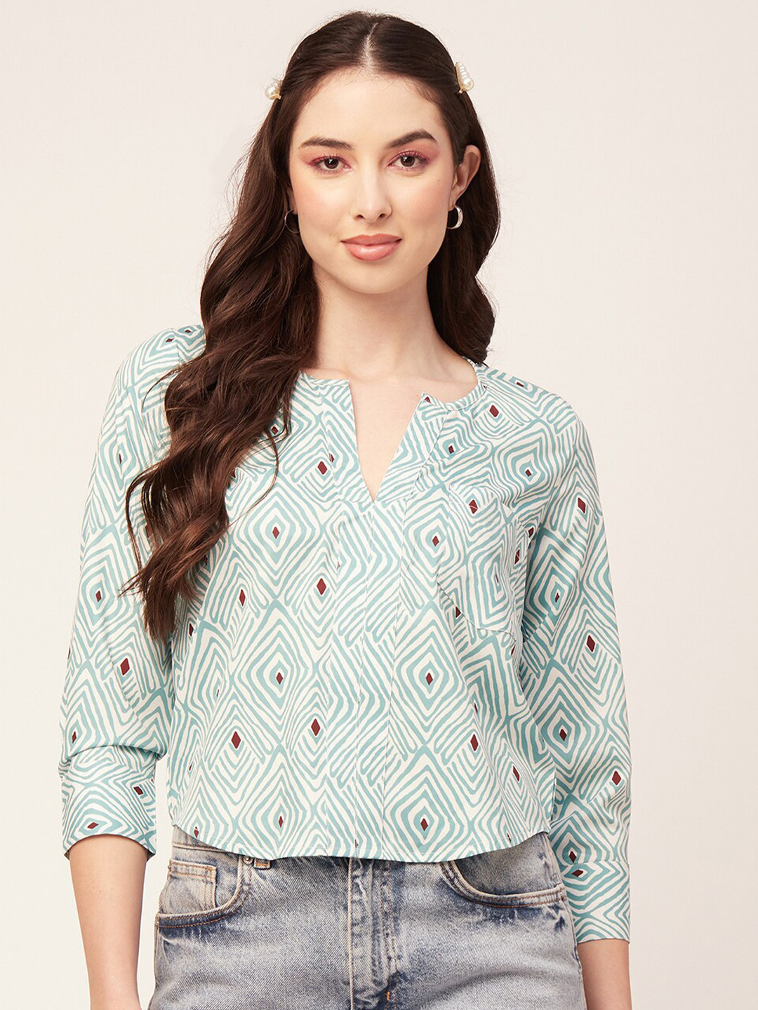 

Moomaya Geometric Printed Round Neck Top, Green