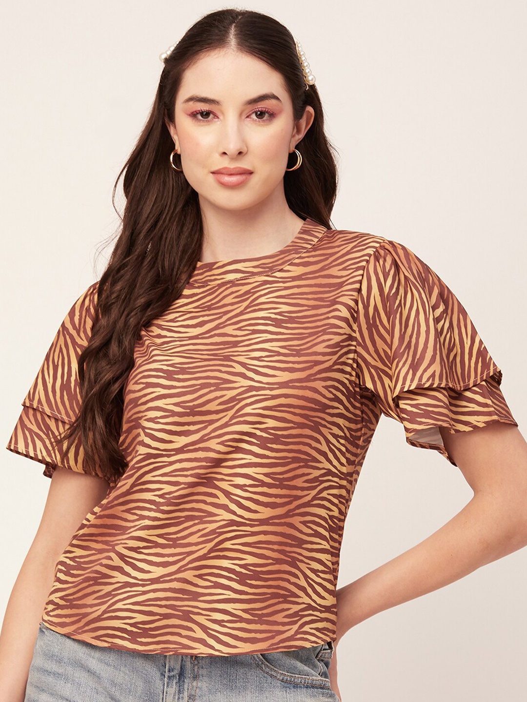 

Moomaya Abstract Printed Flutter Sleeves Top, Brown