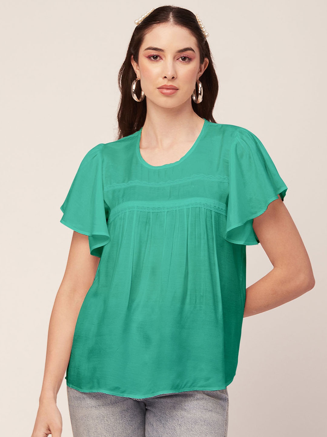 

Moomaya Round Neck Flutter Sleeves Top, Sea green