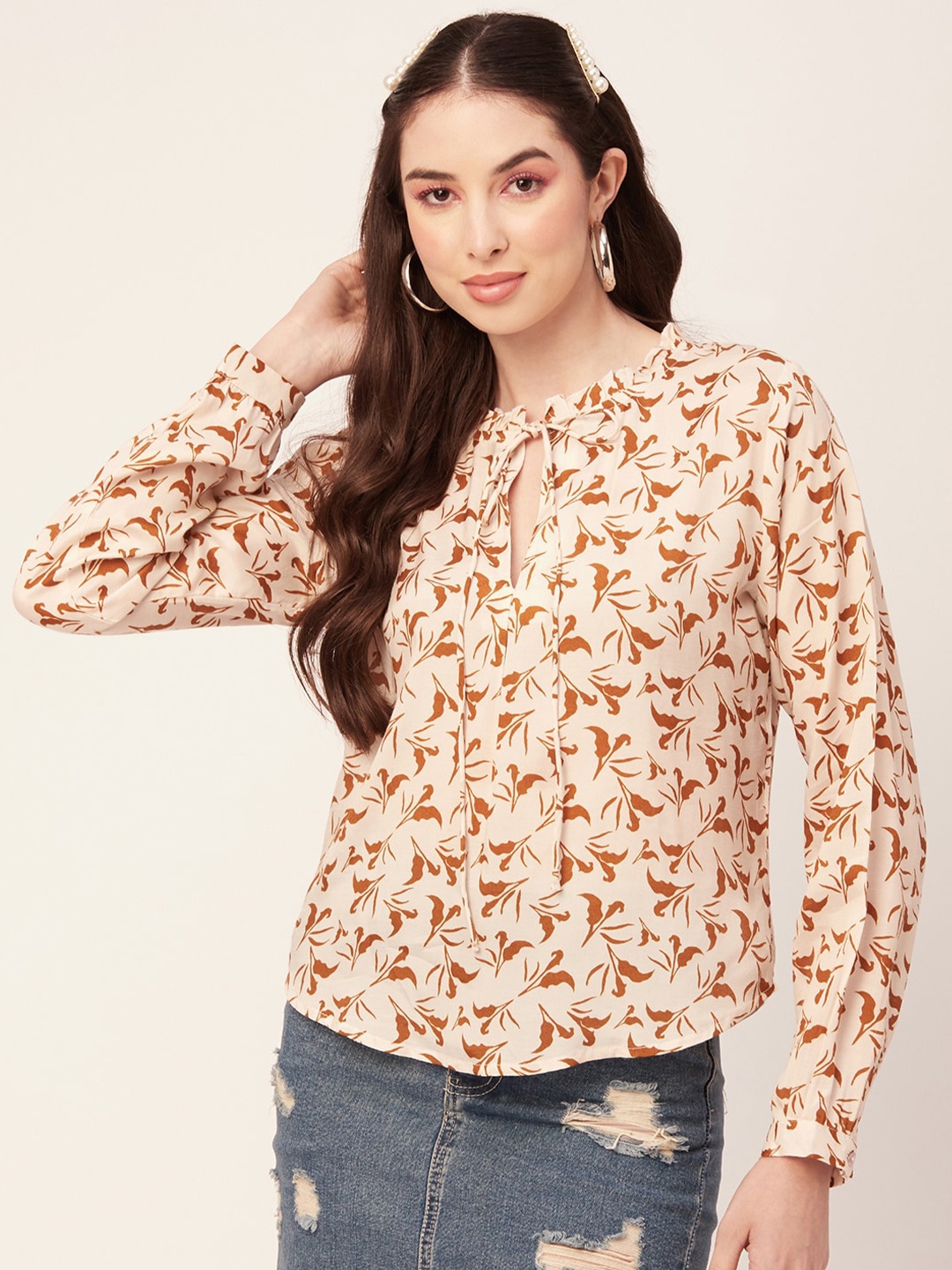 

Moomaya Floral Printed Tie-Up Neck Top, Beige