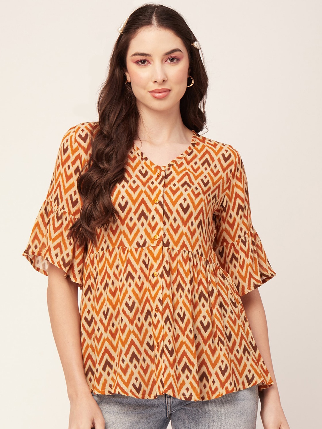 

Moomaya Geometric Printed Bell Sleeves Top, Orange