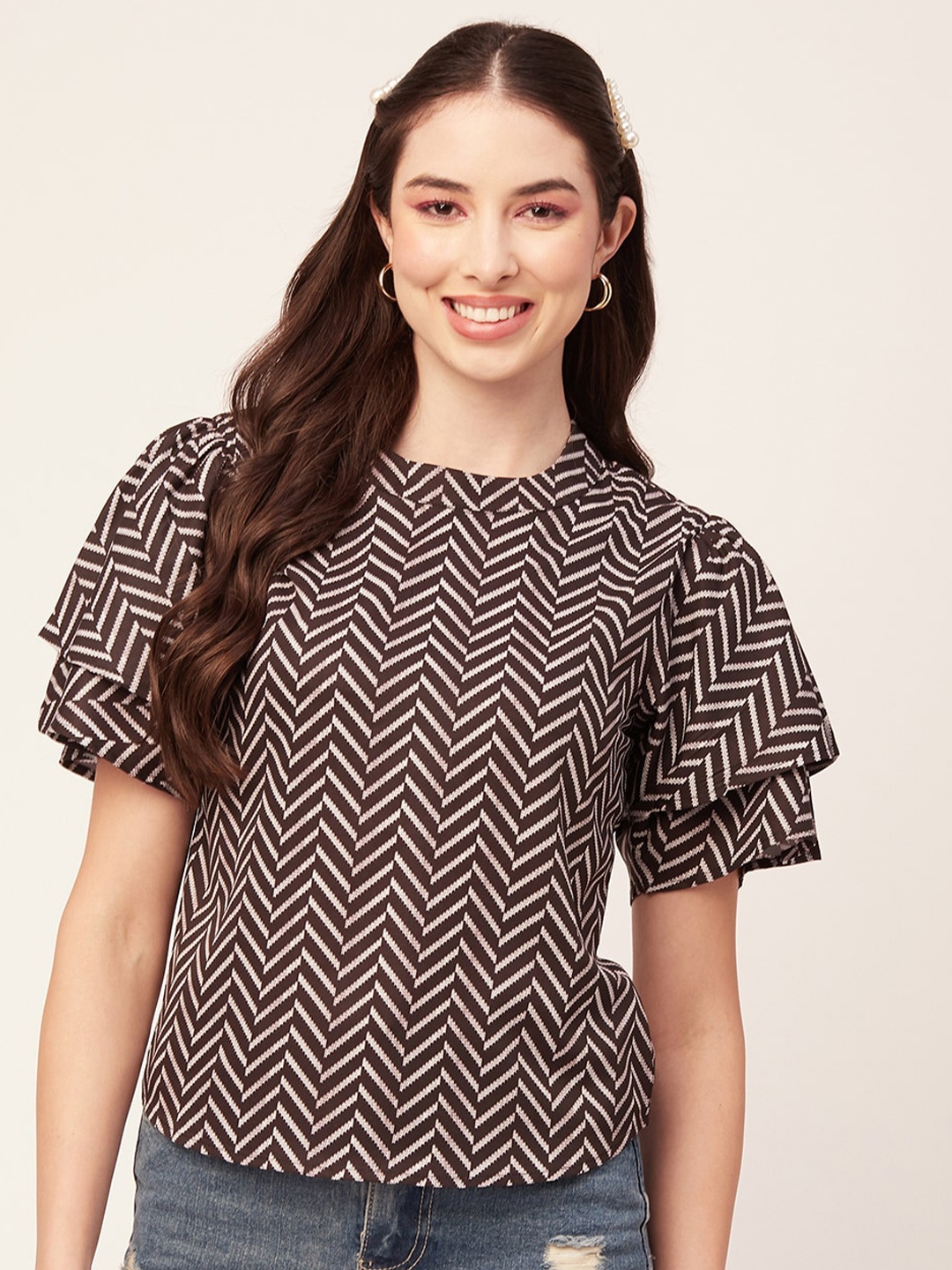 

Moomaya Geometric Printed High Neck Flutter Sleeves Top, Black