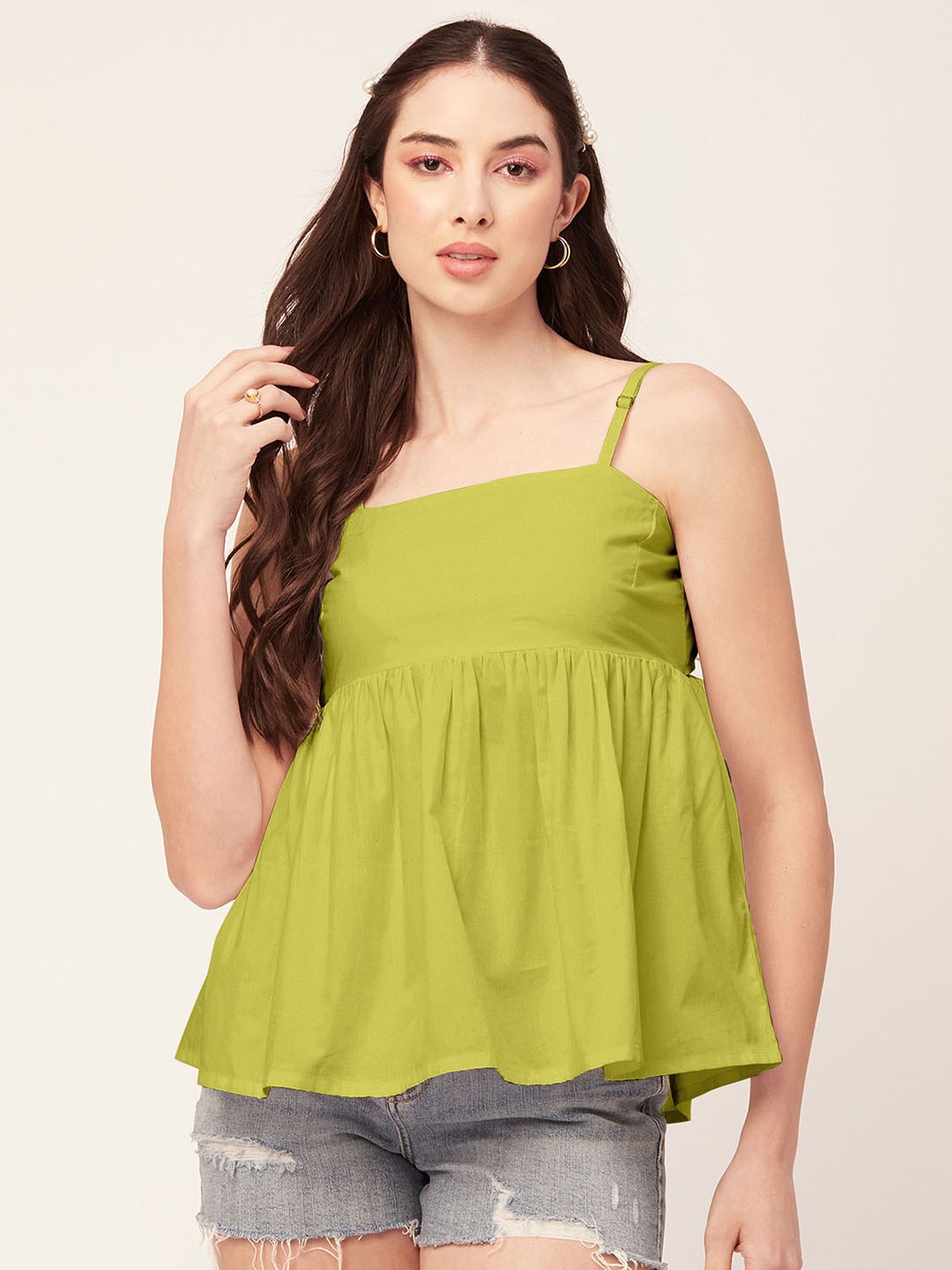 

Moomaya Shoulder Straps Cotton Empire Top, Green