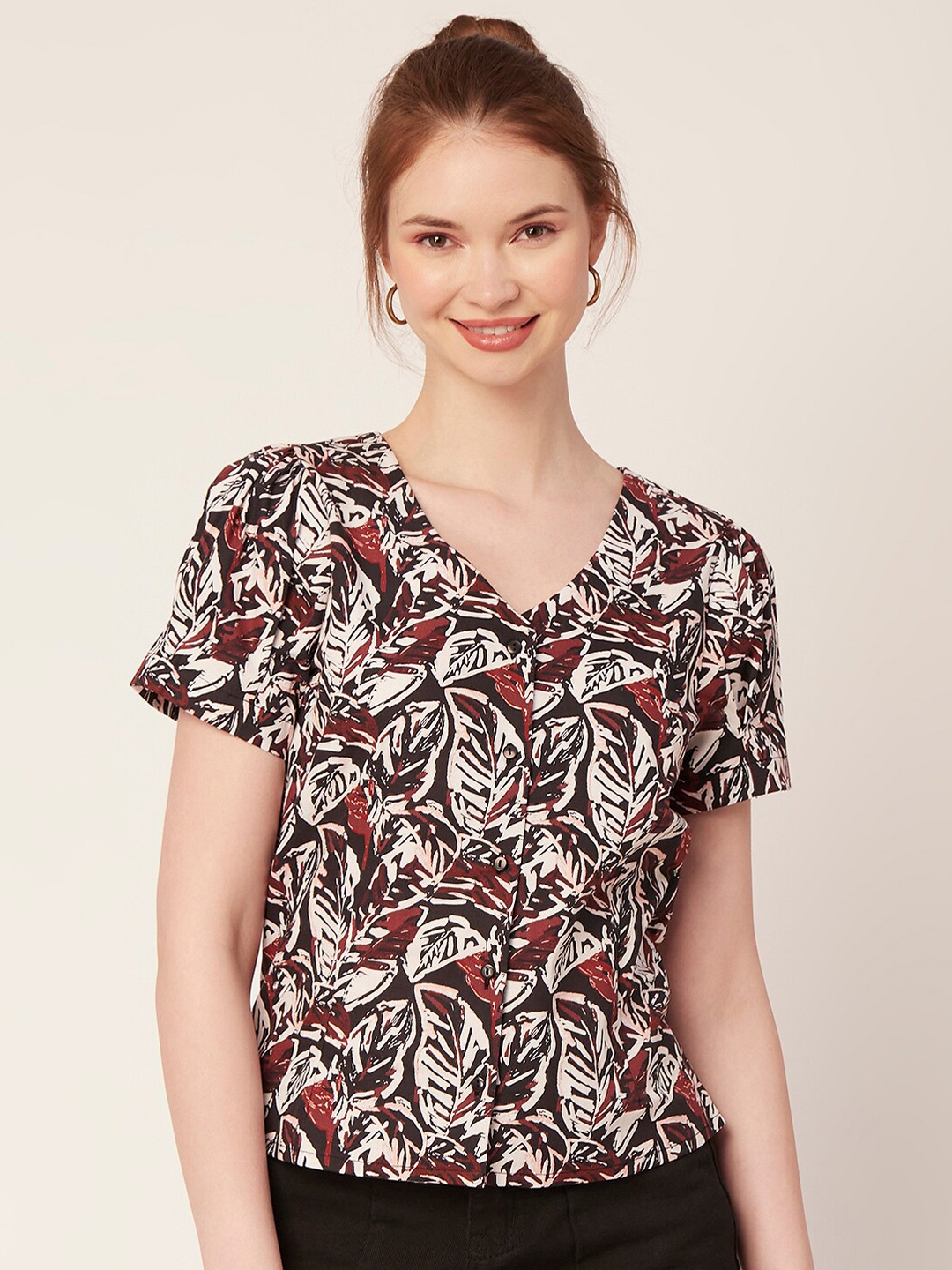 

Moomaya Floral Printed V-Neck Top, Black