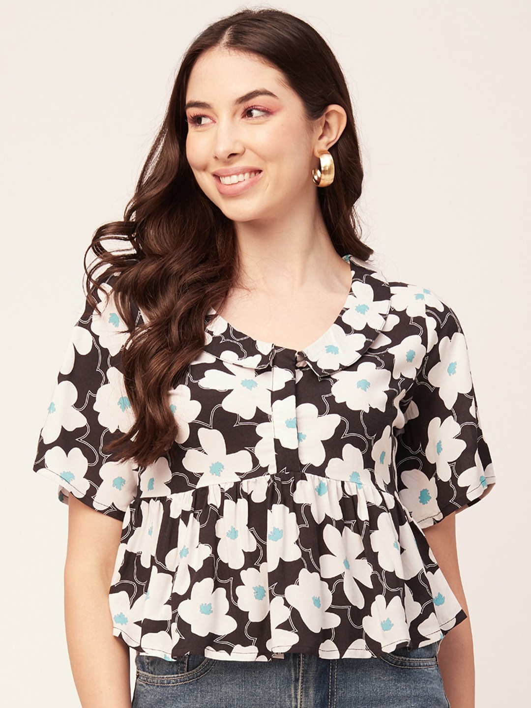 

Moomaya Floral Print Flared Sleeve Peplum Top, Black