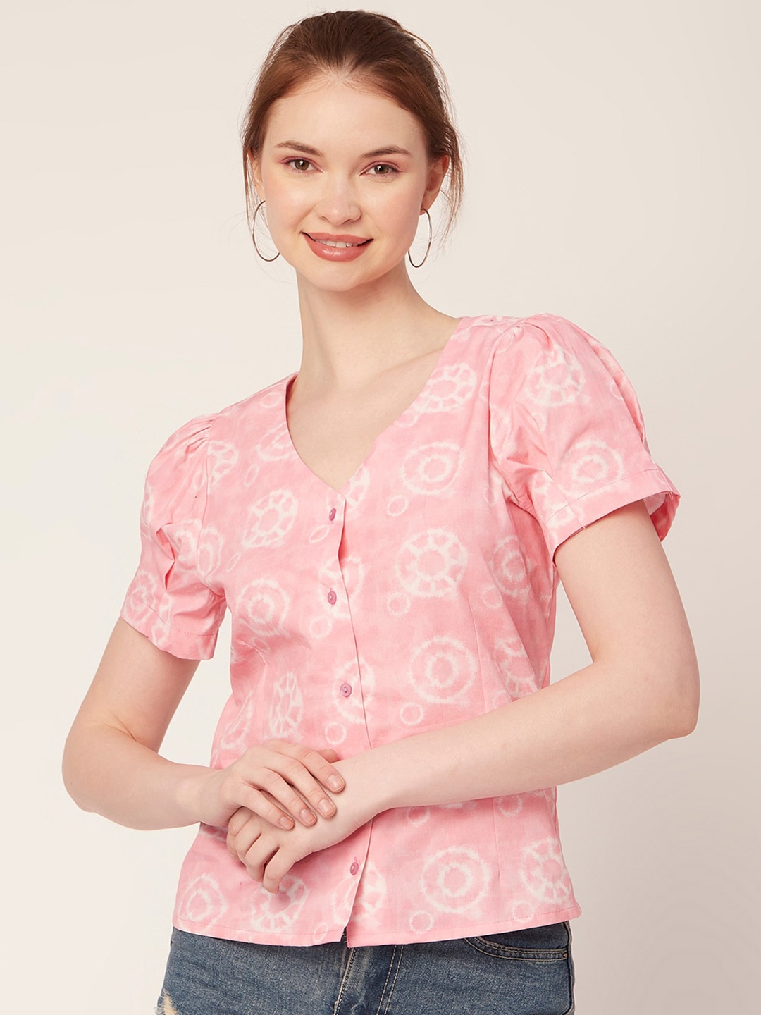 

Moomaya Tie & Dye Puff Sleeves Cotton Top, Pink