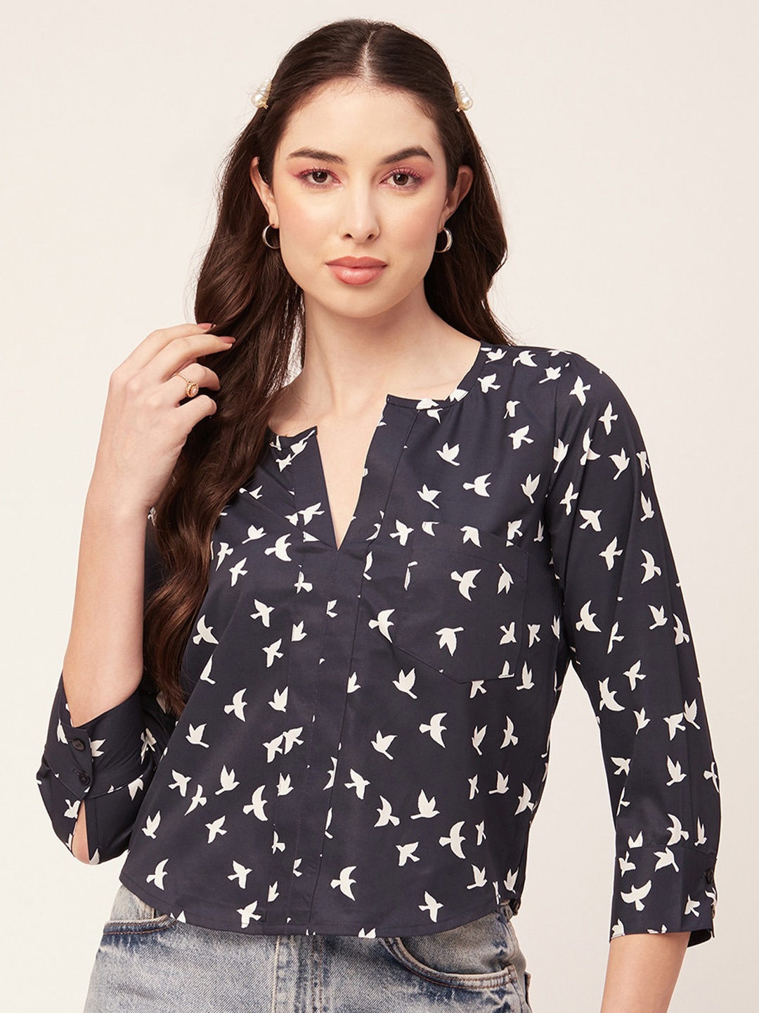 

Moomaya Conversational Printed V-Neck Cuffed Sleeves Shirt Style Top, Navy blue