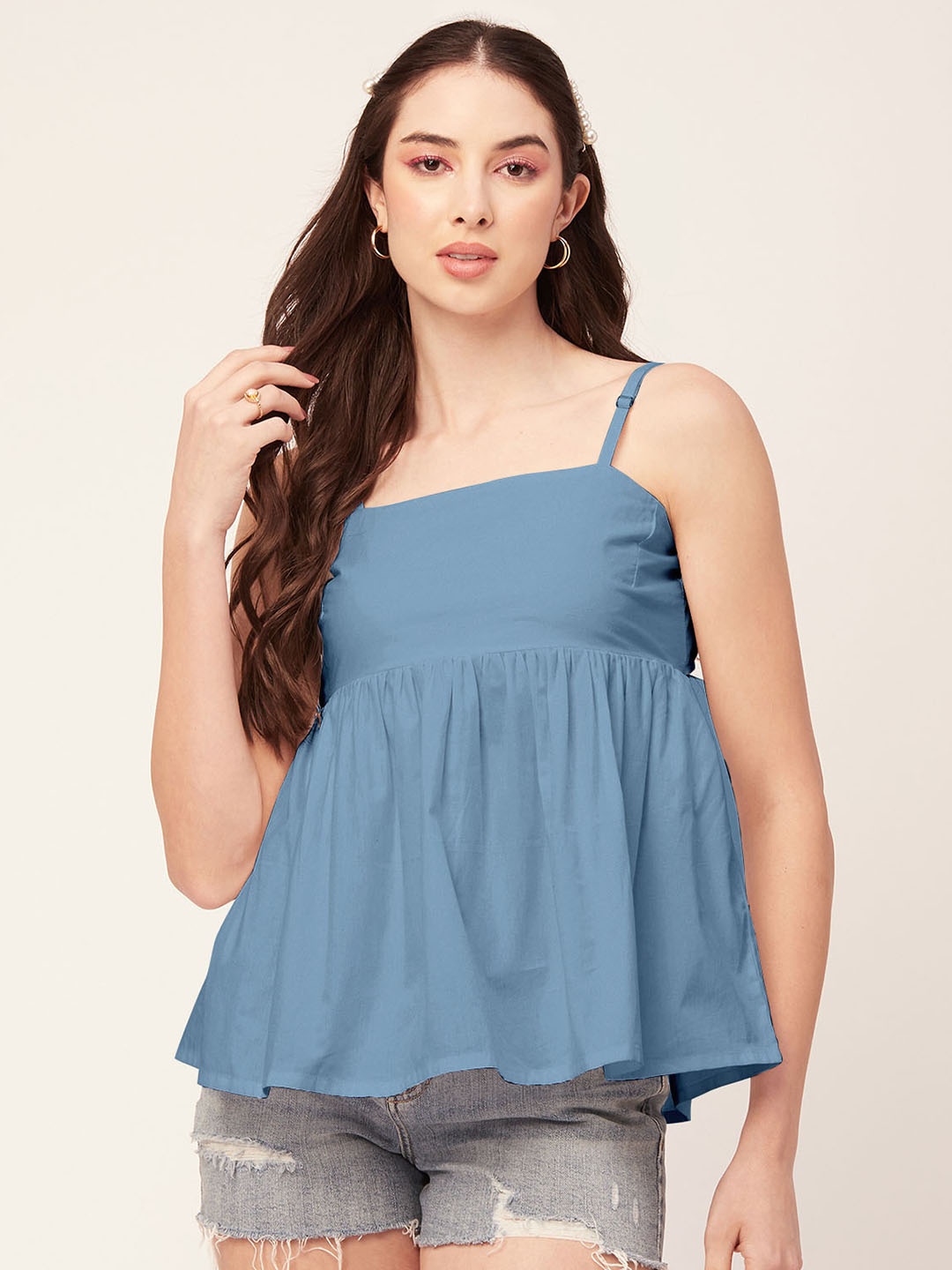 

Moomaya Shoulder Straps Sleeveless Cotton Empire Top, Blue