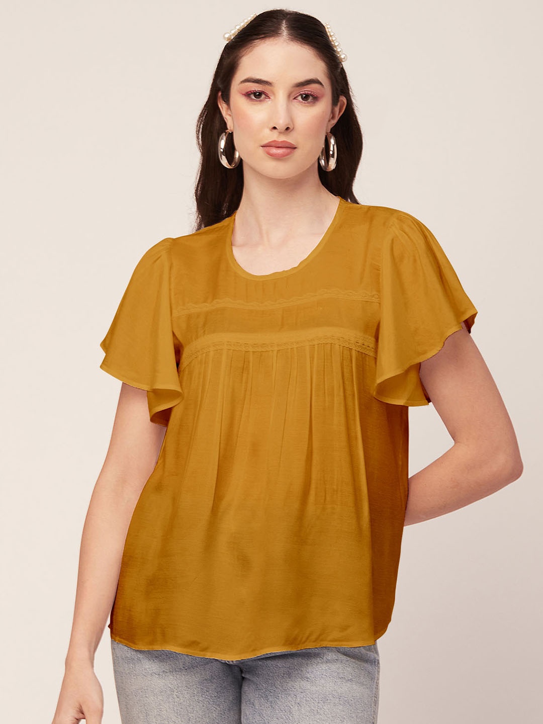 

Moomaya Solid Flutter Sleeve Top, Mustard