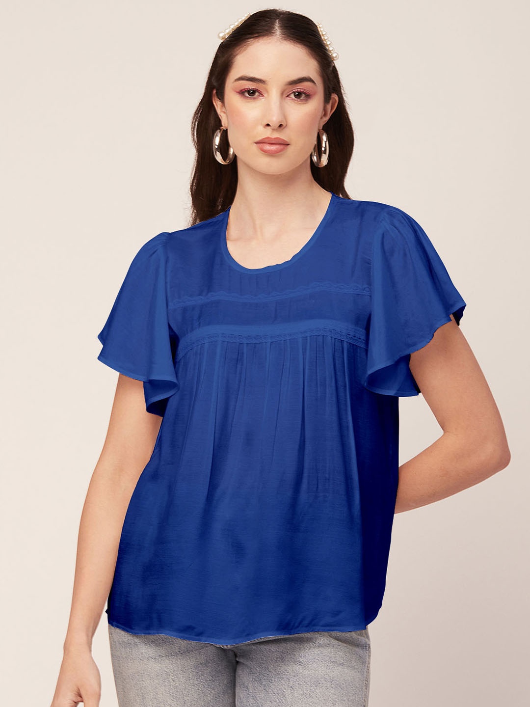 

Moomaya Flutter Sleeve Lace Inserts Detail A-Line Top, Navy blue