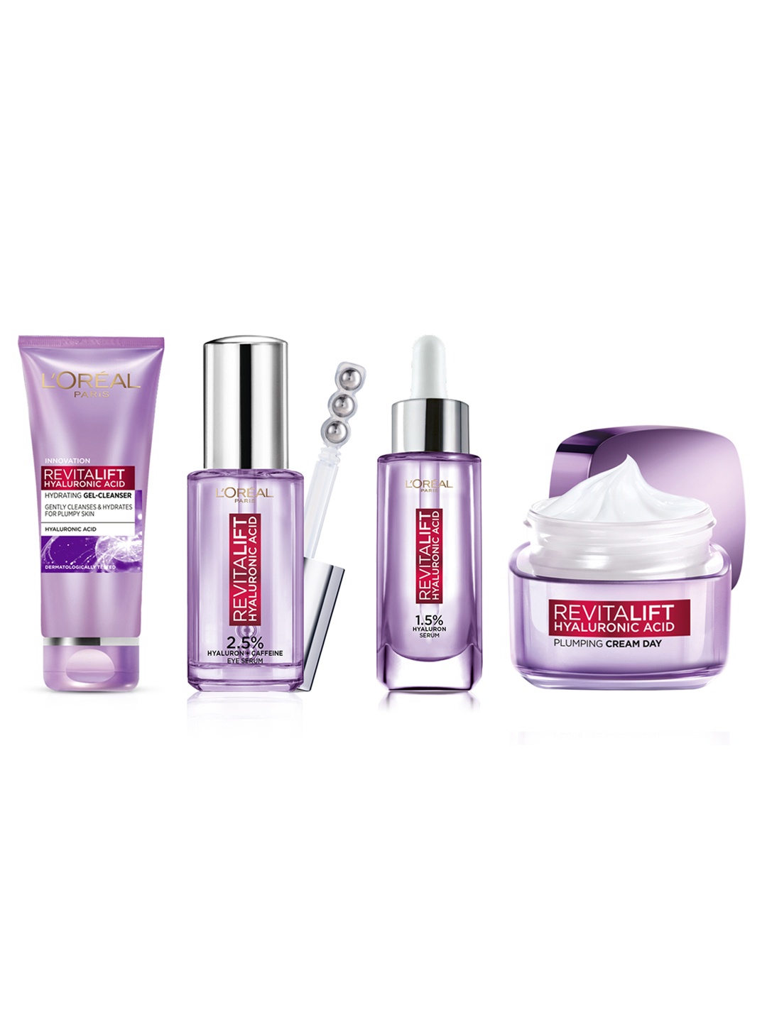 

LOreal Set of Revitalift Hyaluronic Acid Face Serum+Day Cream+Gel Cleanser+Eye Serum, Purple