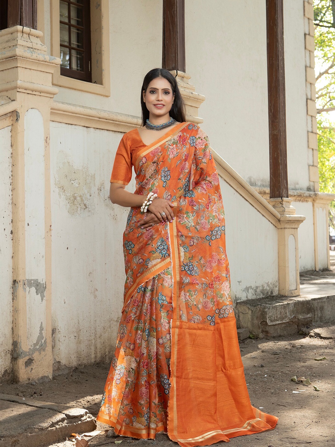 

Anouk Orange Floral Printed Zari Organza Saree
