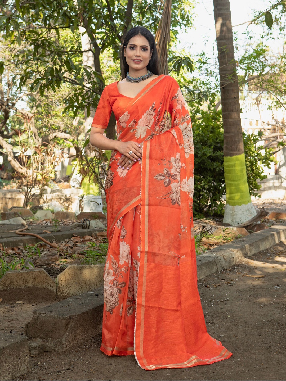

Anouk Floral Zari Organza Saree, Orange