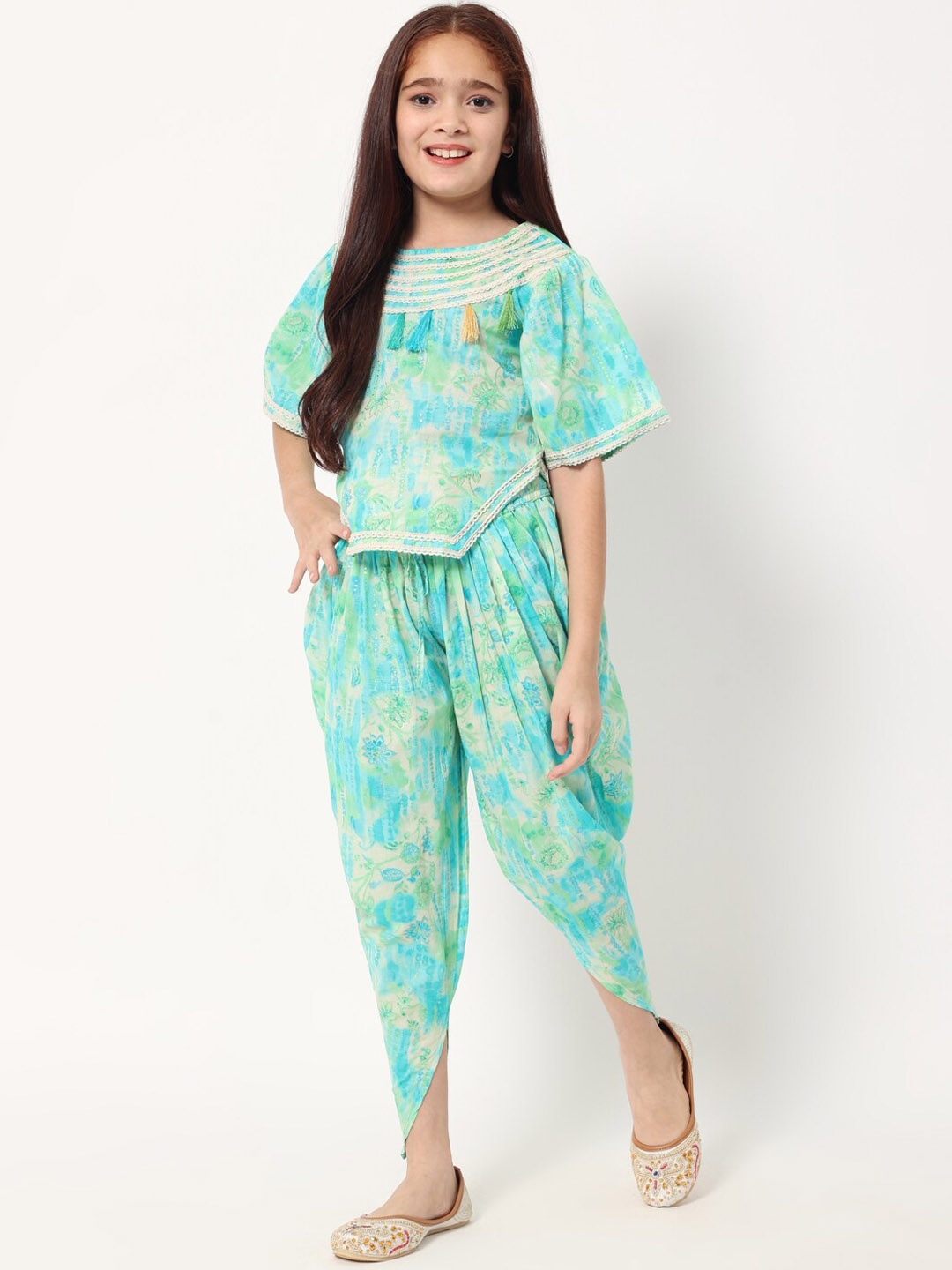 Readiprint Girls Tie & Dye Printed Pure Cotton Top With Dhoti Pants, Blue
