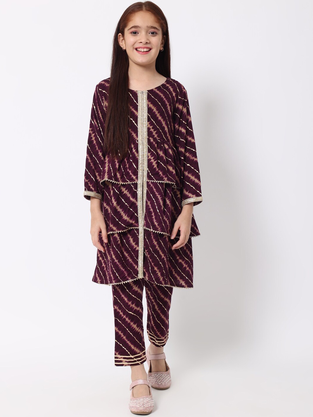 

Readiprint Fashions Girls Leheriya Printed Layared Gotta Patti Rayon Kurta Set, Violet