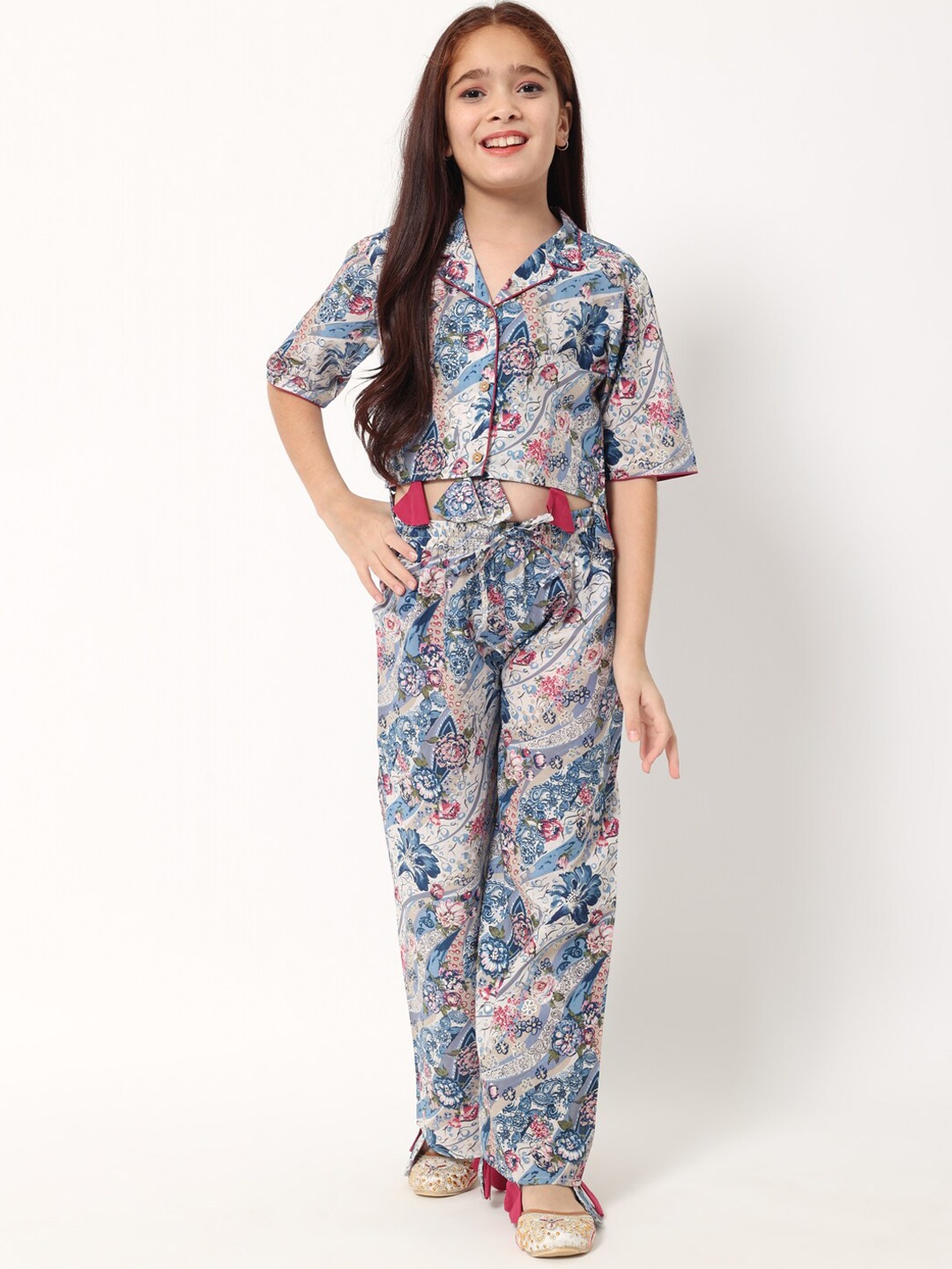 Readiprint Girls Cotton Printed Top & Bottom, Blue