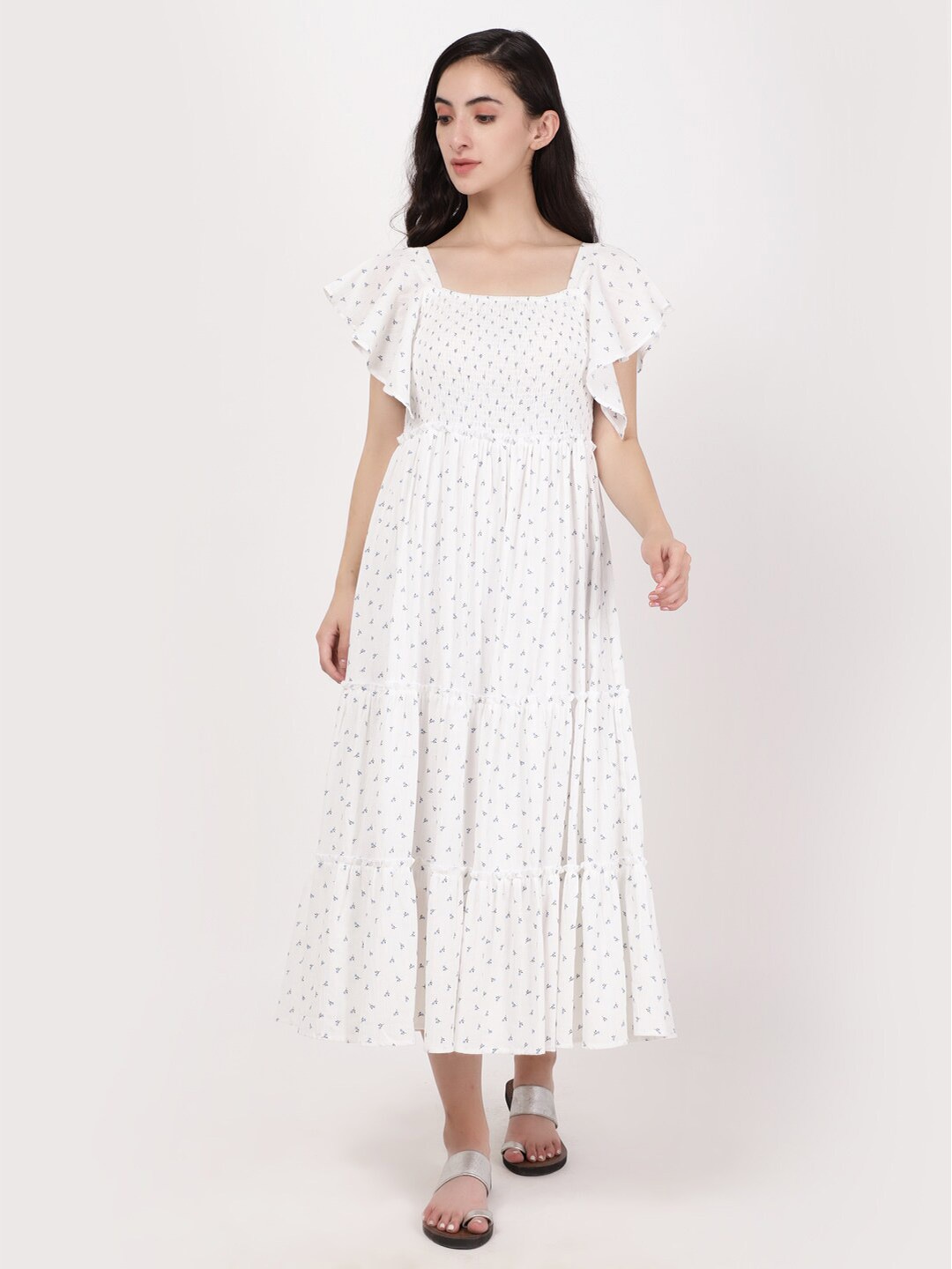 

A Little Fable Floral Printed Flared Sleeve Tiered Fit & Flare Midi Dress, White