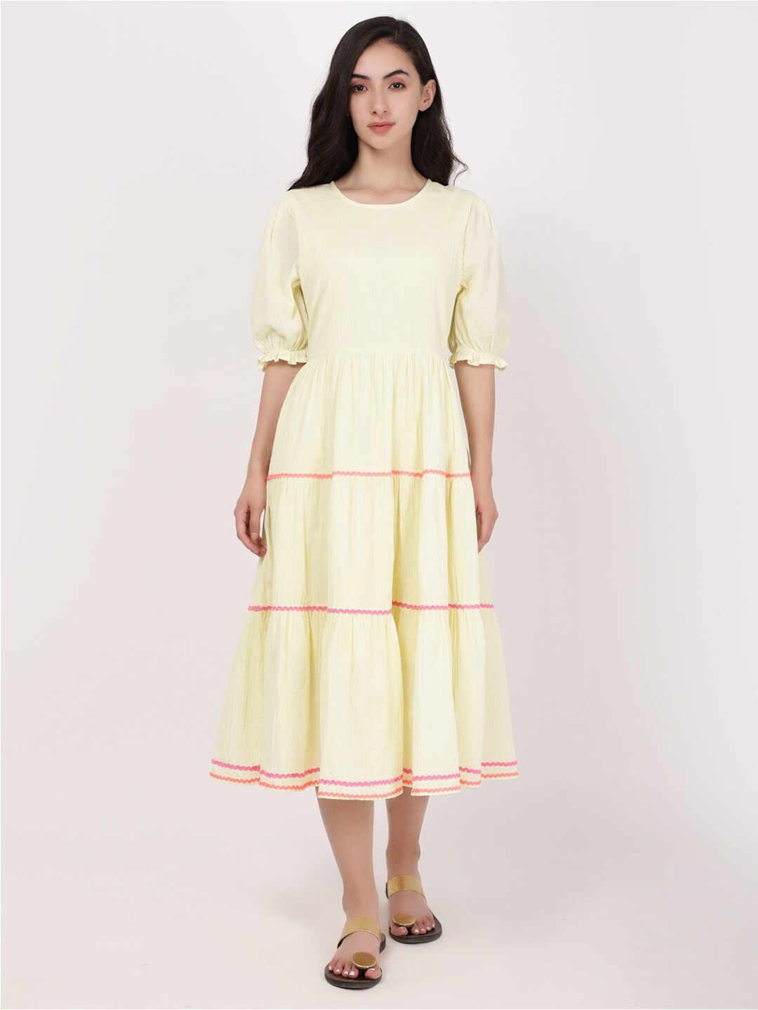 

A Little Fable Puff Sleeves Cotton Fit & Flare Midi Dress, Cream