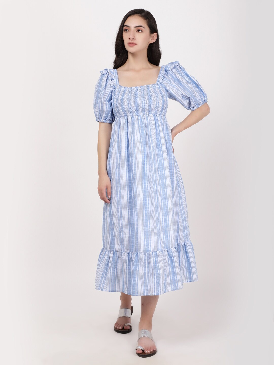 

A Little Fable Striped Square Neck Puff Sleeve Cotton Empire Midi Dress, Blue
