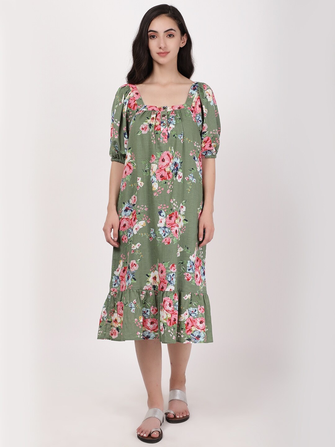

A Little Fable Floral Printed Puff Sleeves Cotton A-Line Midi Dress, Green