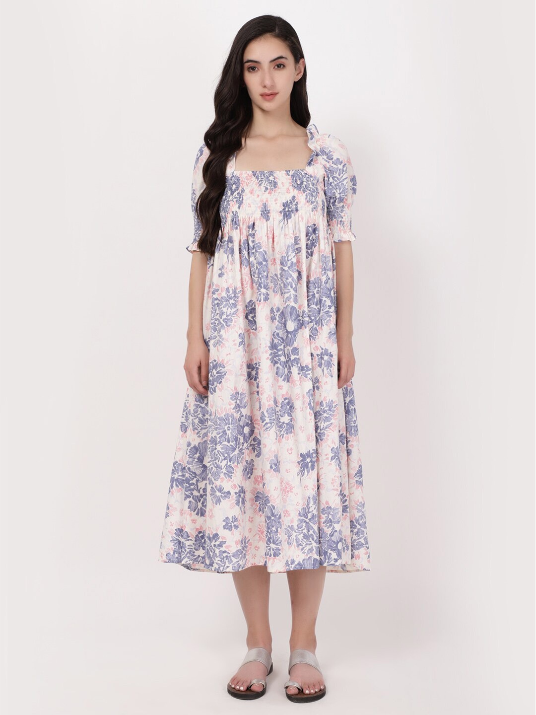 

A Little Fable Floral Printed Square Neck Smocked Cotton A-Line Midi Dress, Pink