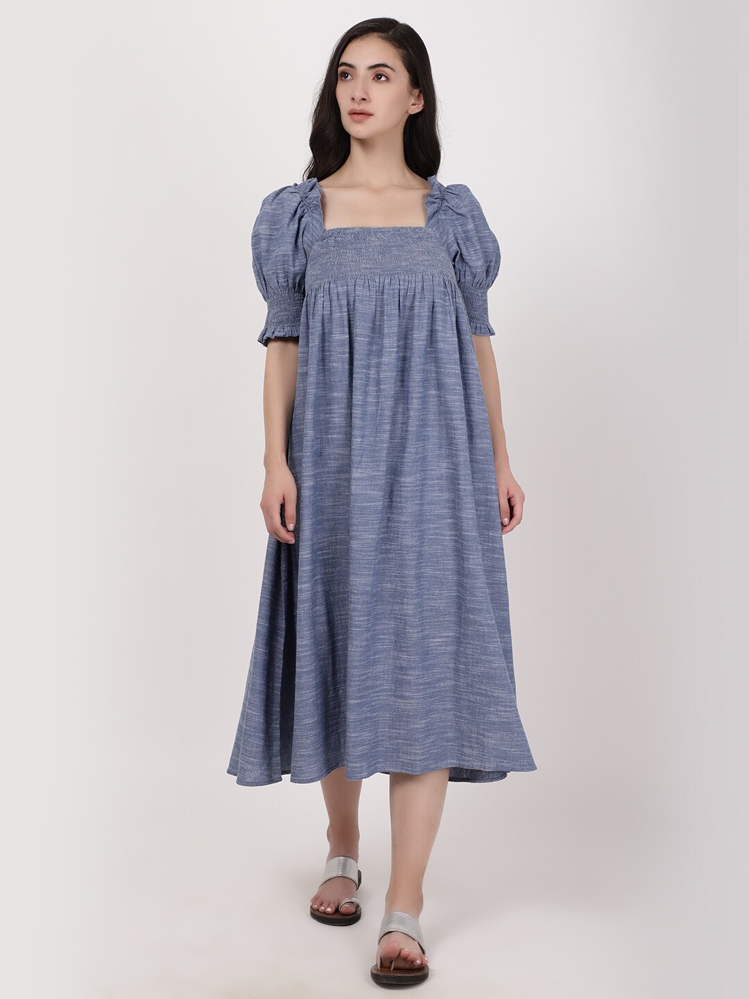 

A Little Fable Striped Square Neck Puff Sleeve A-Line Midi Dress, Blue