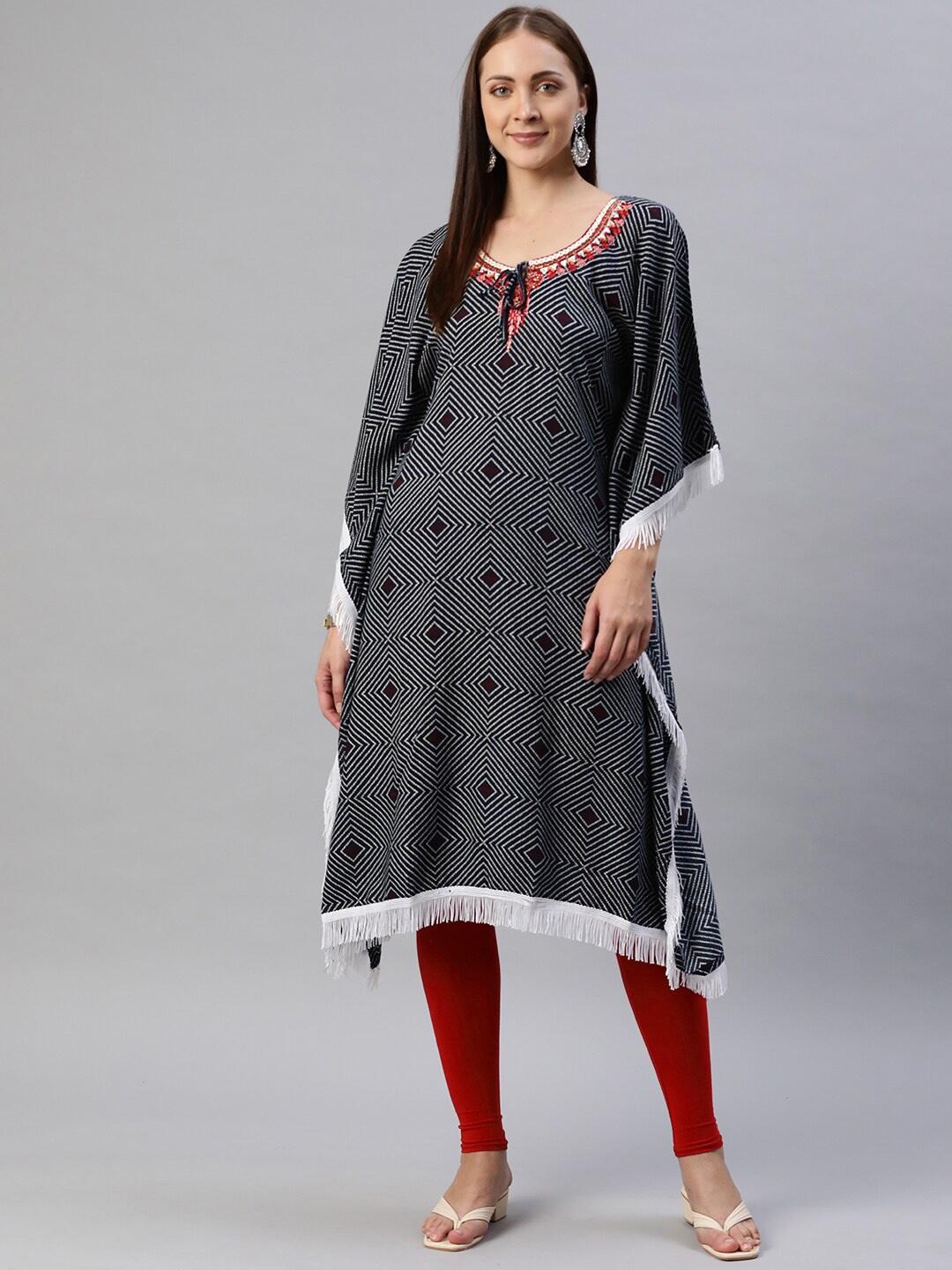 

Aarika Geometric Printed Flared Sleeves Thread Work Kaftan Kurta, Black