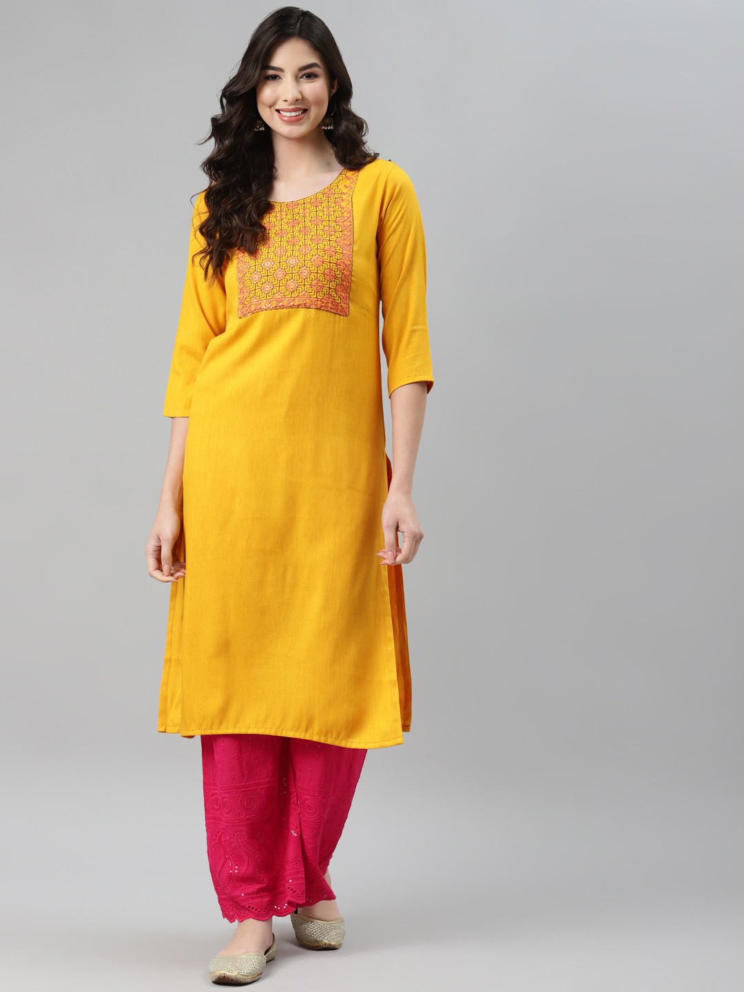 

Aarika Ethnic Motifs Yoke Design Round Neck Thread Work Straight Kurta, Yellow