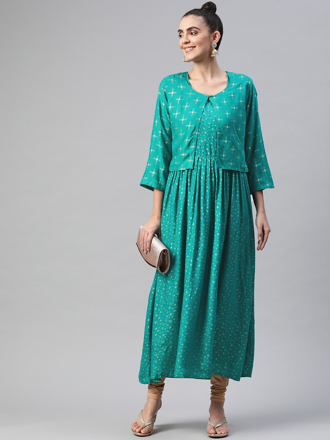 

Aarika Floral Printed Scoop Neck Anarkali Kurta with Jacket, Sea green