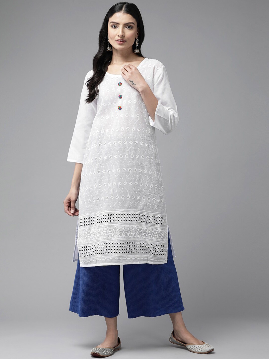 

Aarika Ethnic Motifs Embroidered Round Neck Thread Work straight Kurta, White