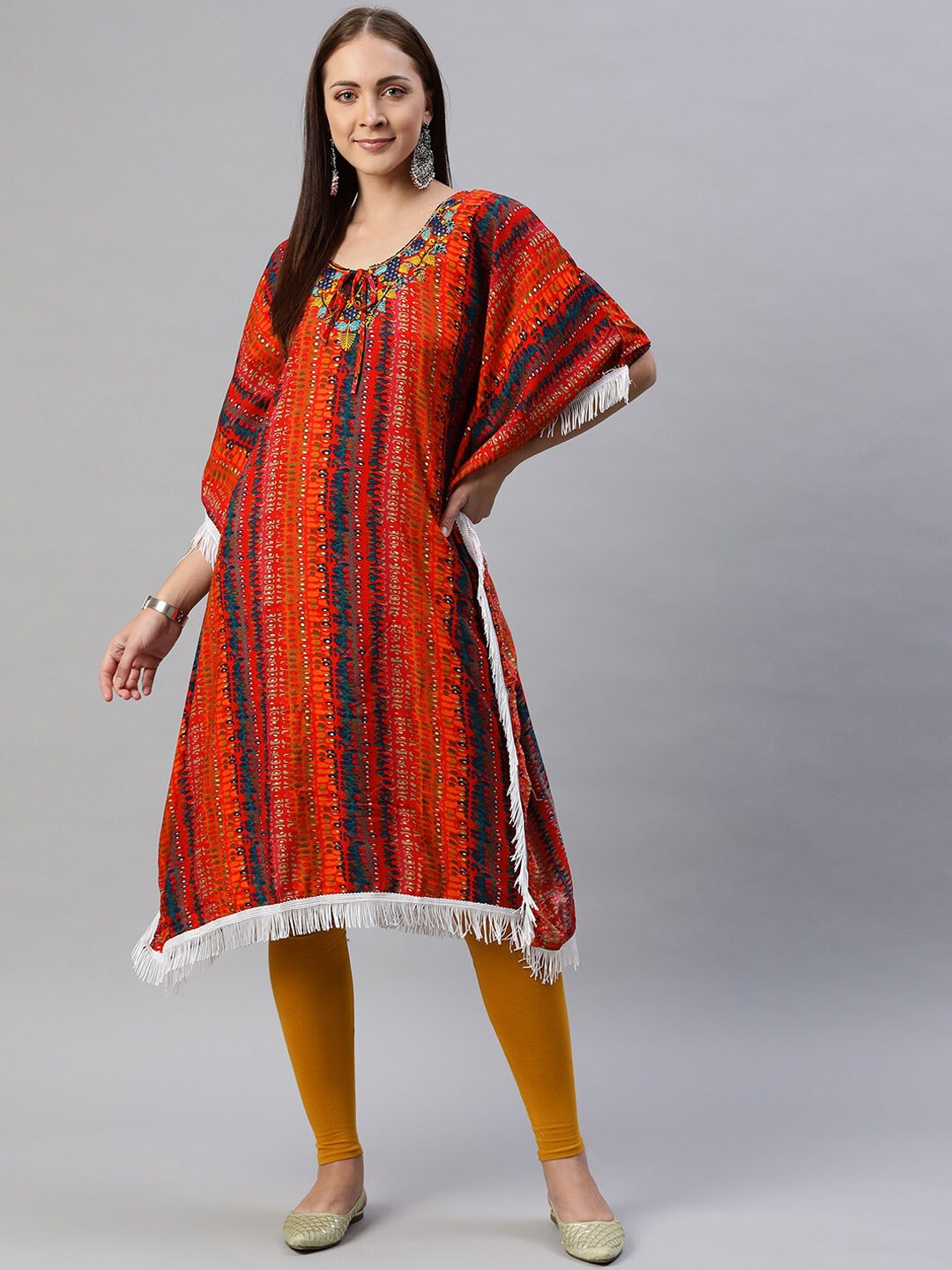 

Aarika Tie-Up Neck Abstract Printed Thread Work Detail Kaftan Kurta, Red