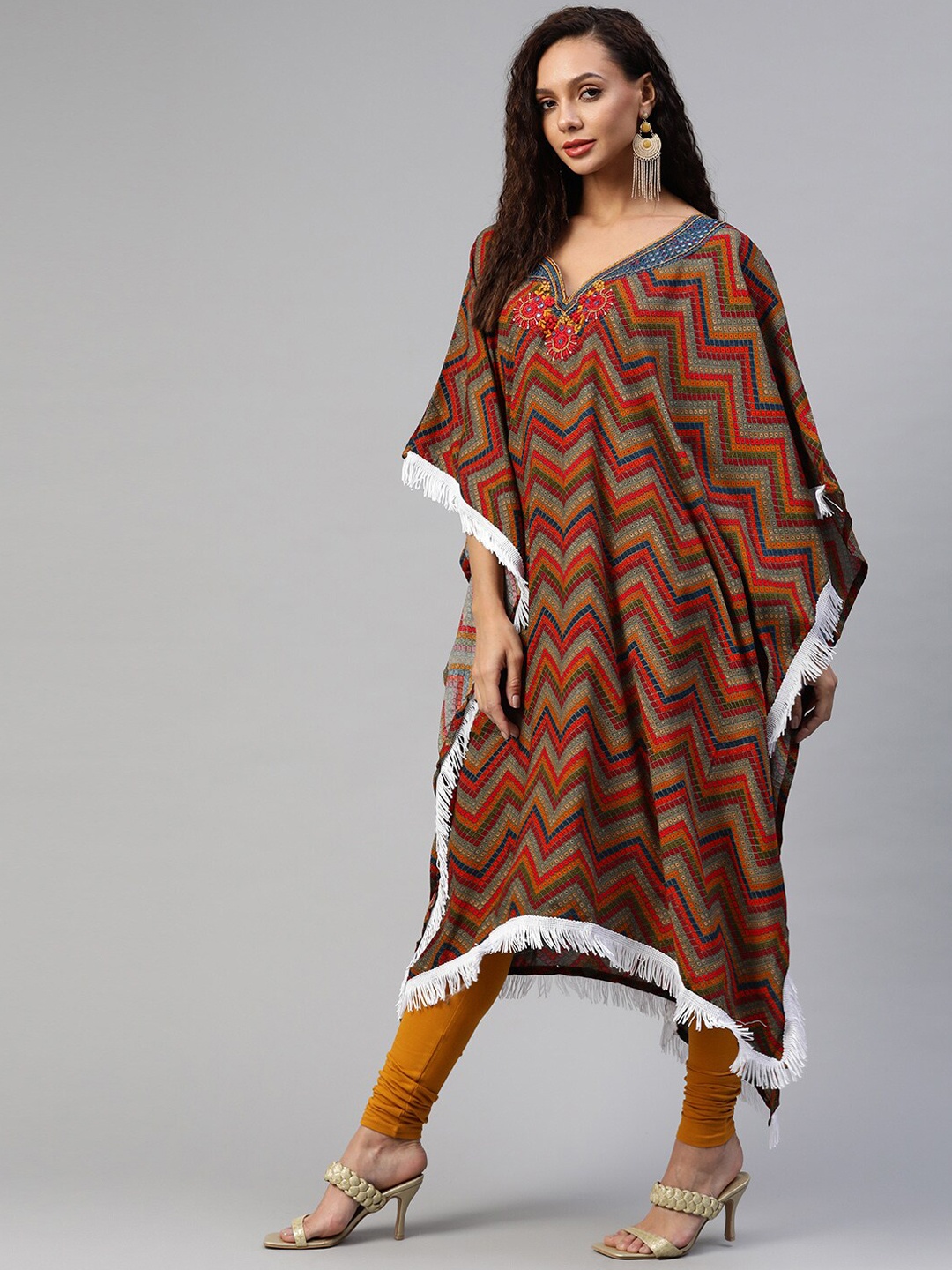 

Aarika Bandhani Printed Flared Sleeves Thread work Kaftan Kurta, Orange