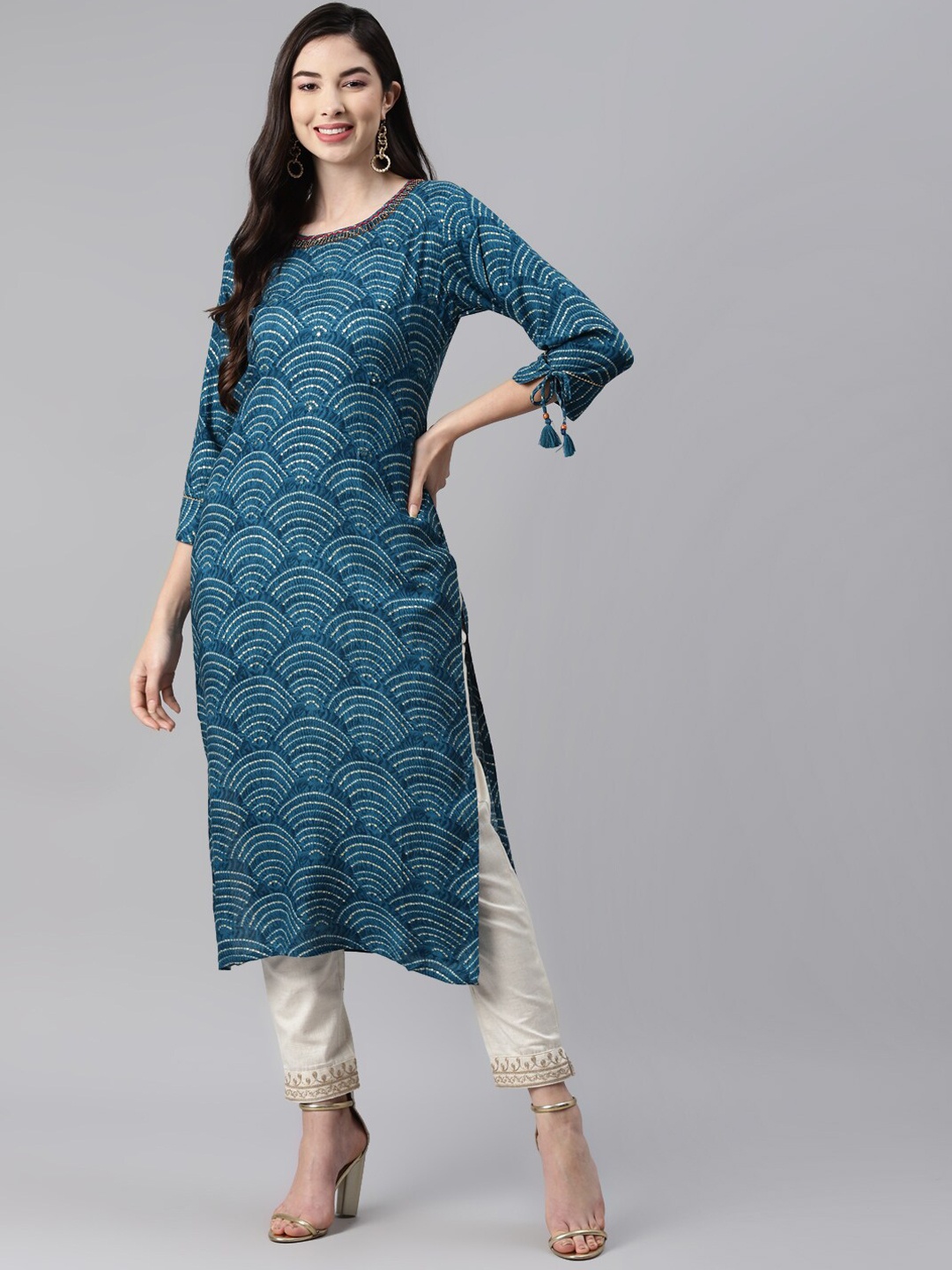 

Aarika Bandhani Printed Mirror Work Straight Cotton Kurta, Blue