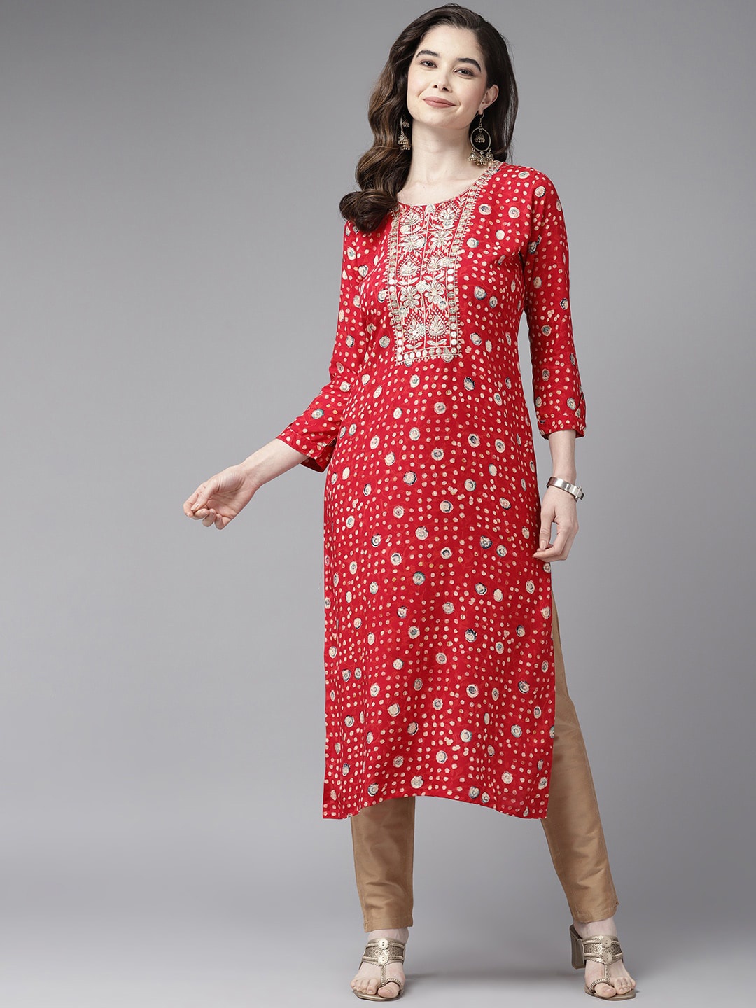 

Aarika Geometric Printed Thread Work Straight Kurta, Red